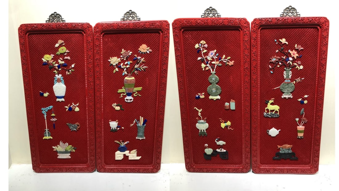 A pair of Qing Dynasty red Daji Baibao embedded hanging screens: Qing Dynasty A set of red Daji Baibao embedded hanging screens SIZE: 91x38x3.0cm (The Dimensions Of All Batches Are Manually Measured.If You Need More Detailed Information, Please Contact Our