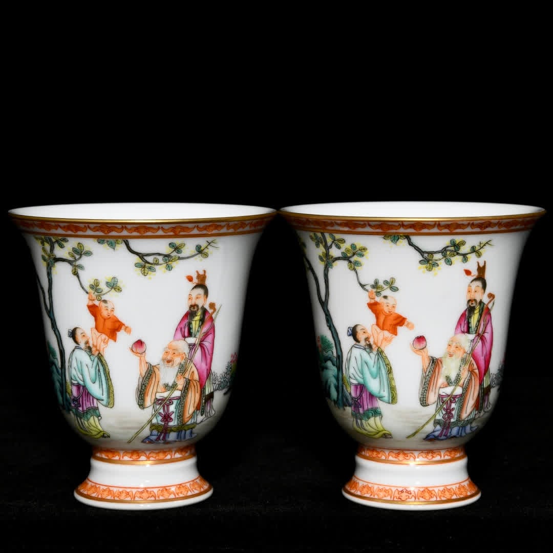 A pair of Qing Yongzheng pastel Fu Lu Shou three-star picture goblets (1 of 9)