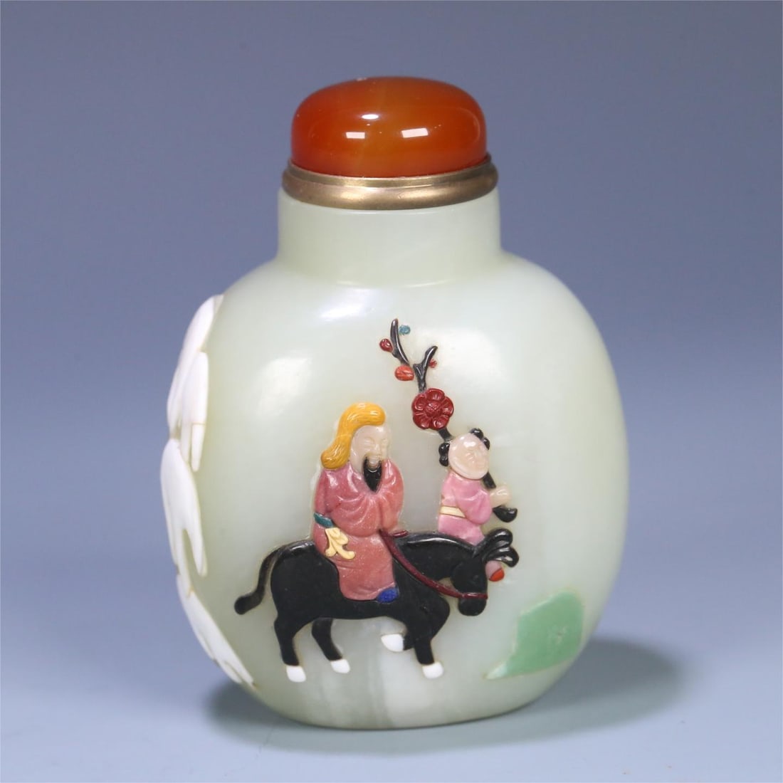 A beautiful Hetian jade treasure inlaid character story snuff bottle (1 of 9)