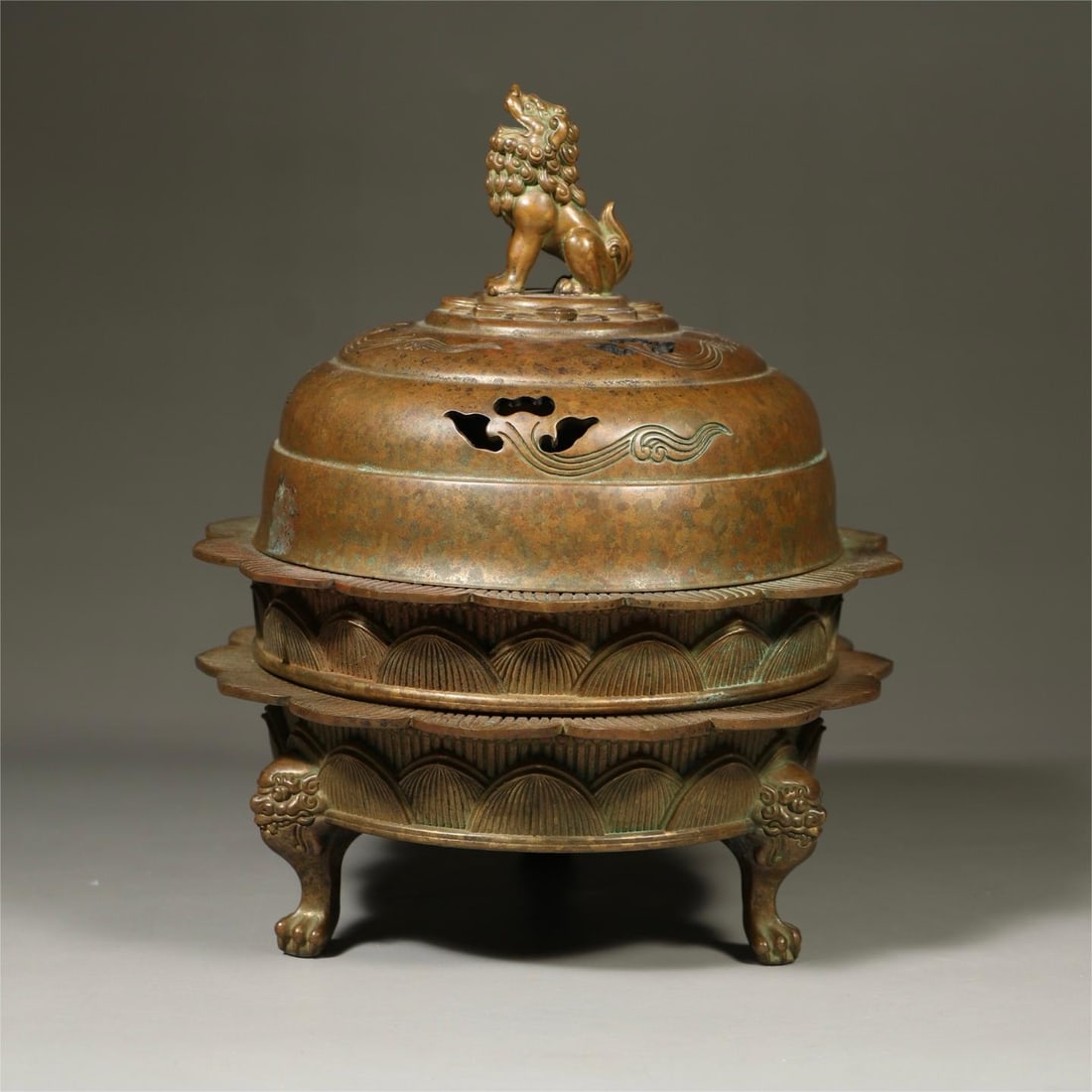 A beautiful copper lion button lotus petal pattern aroma burner (1 of 9)