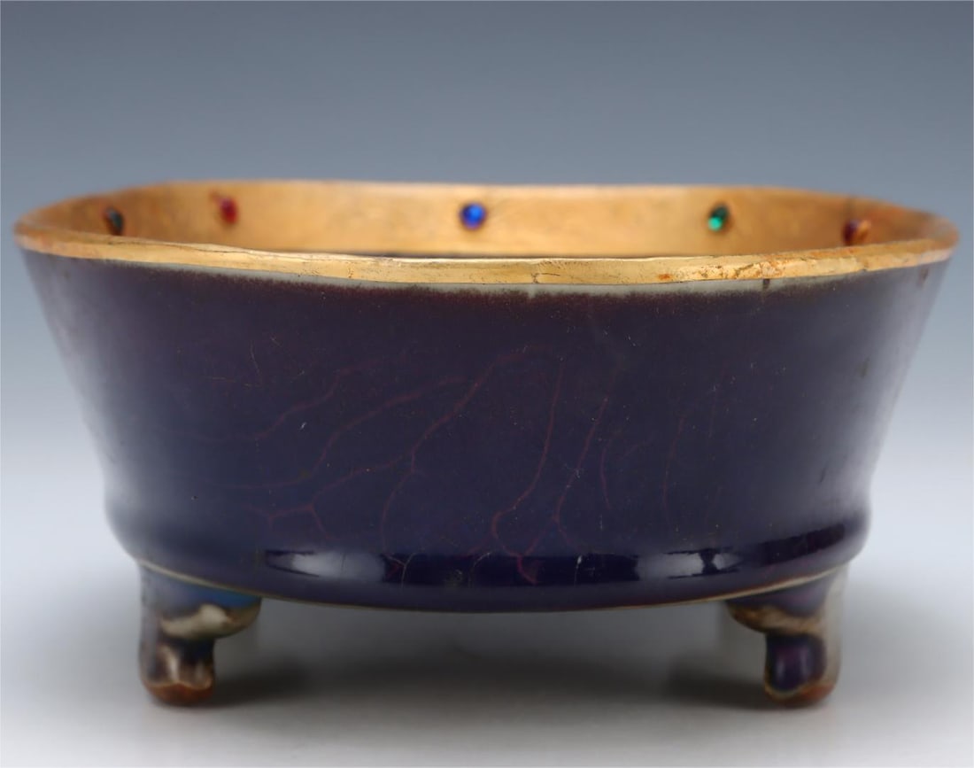 A rose purple glaze covered with gold carved begonia wash from the Song Dynasty Jun kiln: The rose purple glaze of the Song Dynasty Jun kiln is engraved with begonia wash Size:H:7.8cm Belly diameter:23.7cm (The Dimensions Of All Batches Are Manually Measured.If You
