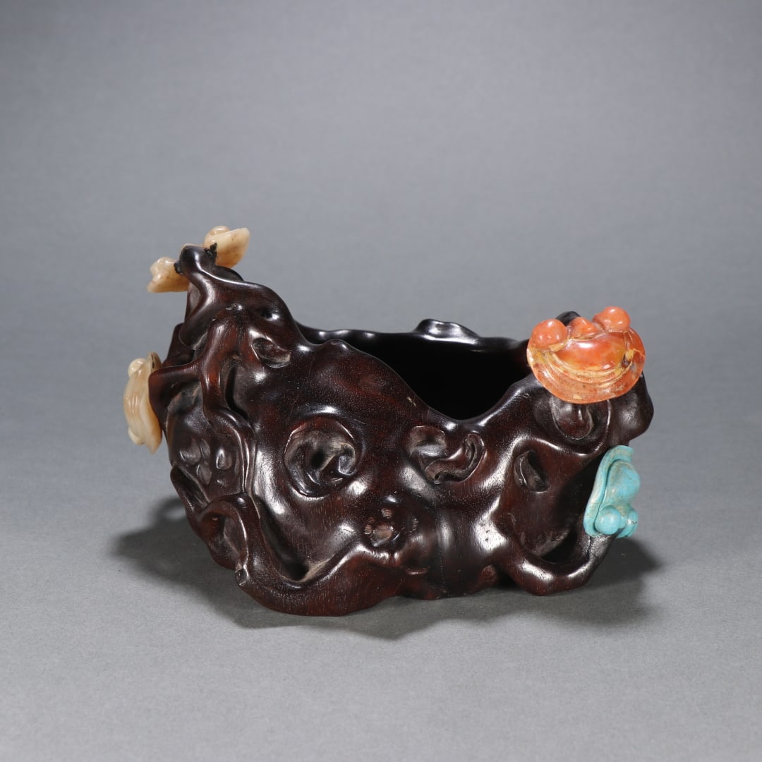 A Qing Dynasty rosewood inlaid Shoushan stone Ganoderma lucidum wash (1 of 9)