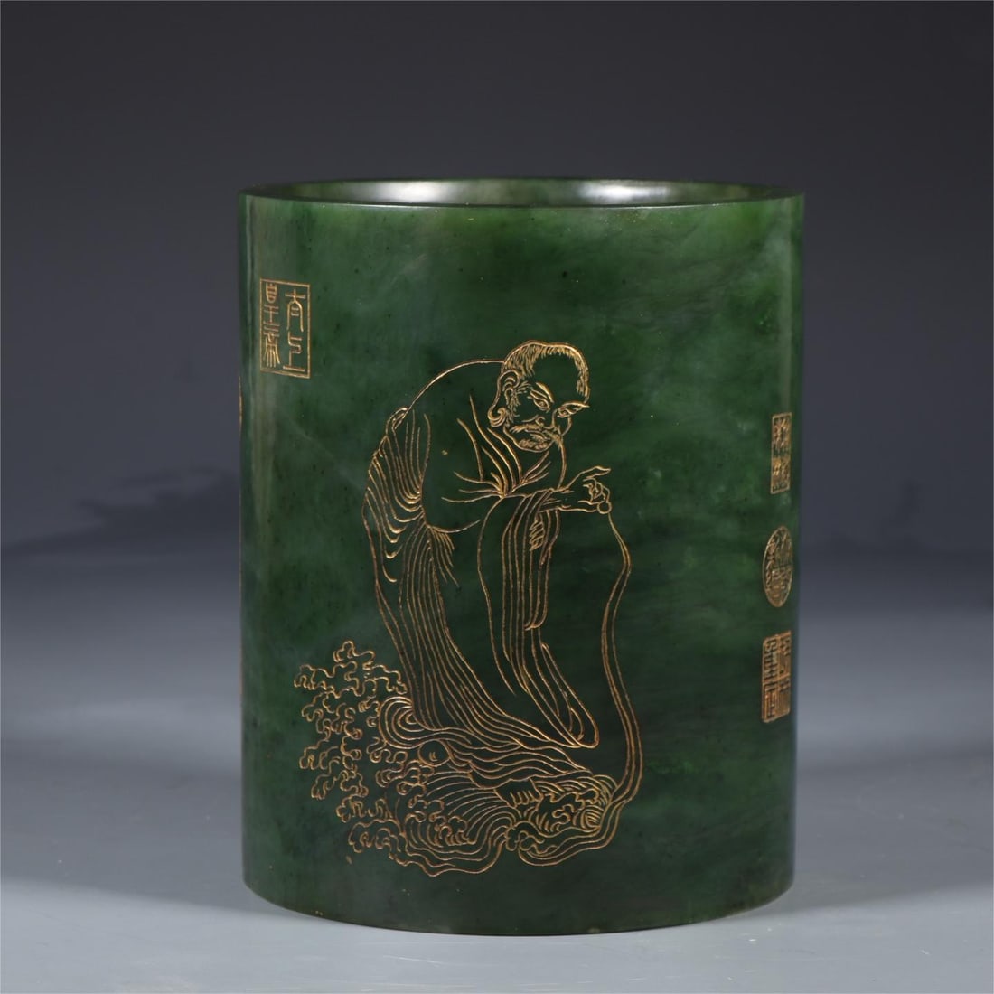 A Qing Dynasty Hetian jasper imperial poem Arhat picture pen holder (1 of 9)