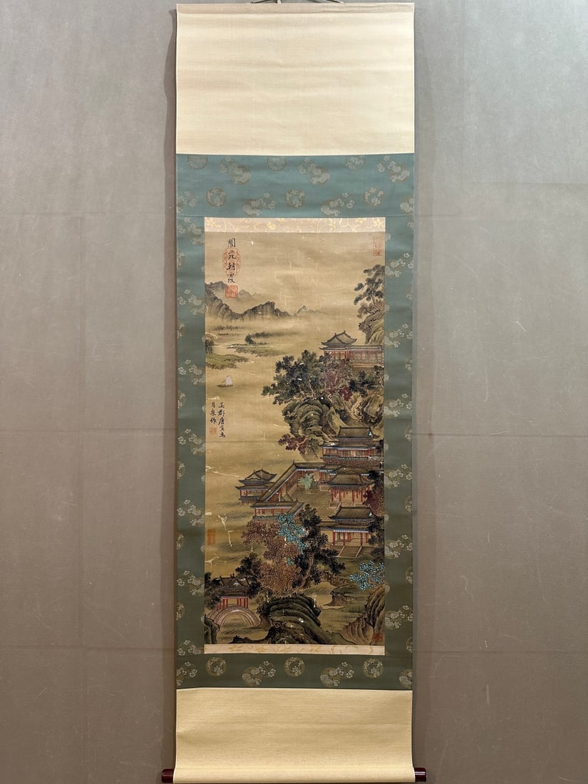 A landscape painting by Tang Yin: Tang Yin's landscape paintings Flower core Size:42×96cm (The Dimensions Of All Batches Are Manually Measured.If You Need More Detailed Information, Please Contact Our Customer Service Before Bidding.
