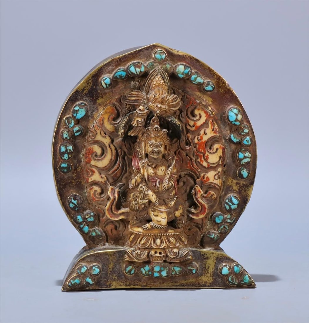 A fine bronze gilt inlaid antler carved treasure king: Exquisite copper gilt inlaid with antlers carved treasure king Size:H:13.5cm W:10.5cm (The Dimensions Of All Batches Are Manually Measured.If You Need More Detailed Information, Please Contact Our Cus