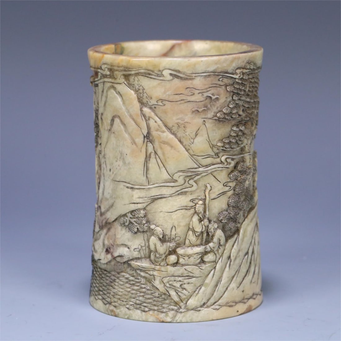 A Qing Dynasty study Fujian Shoushan stone figure landscape pen holder: Qing Dynasty study Fujian Shoushan stone figure landscape pen holder Size:10.1x6.9cm W:400.4g (The Dimensions Of All Batches Are Manually Measured.If You Need More Detailed