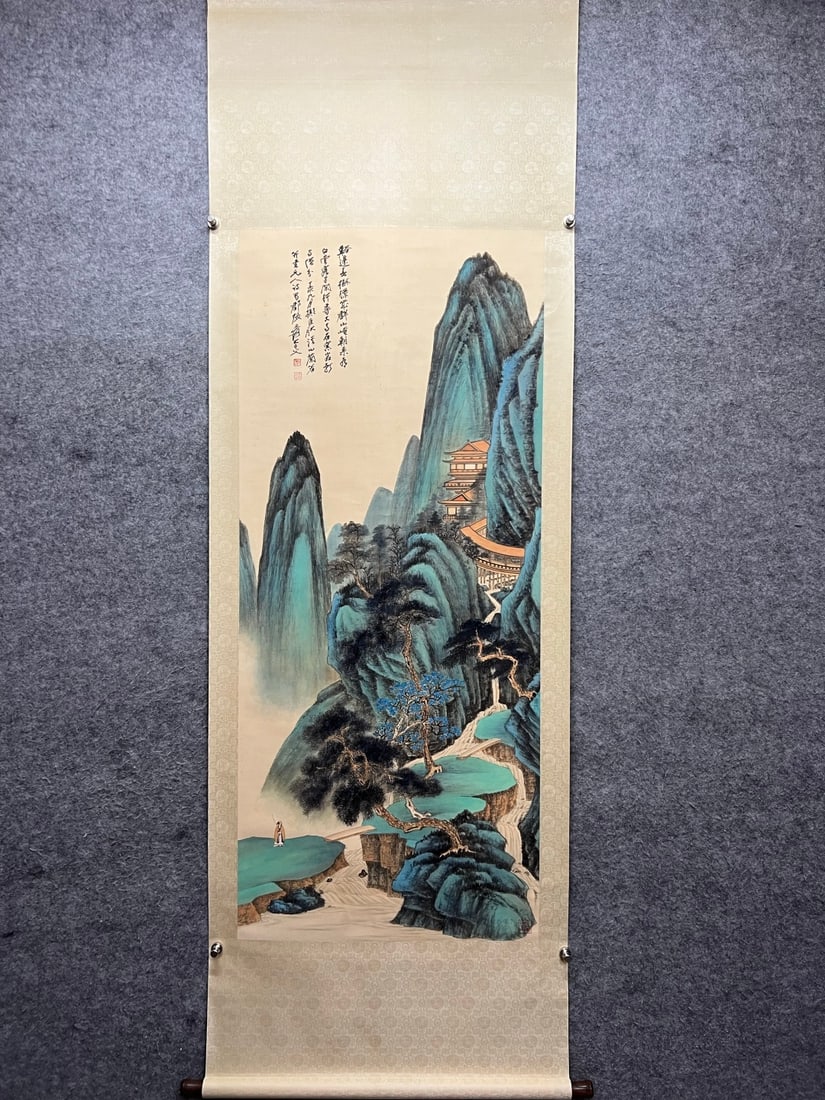 A landscape painting by Zhang Daqian: Zhang Daqian's landscape painting Flower core Size:157×67cm (The Dimensions Of All Batches Are Manually Measured.If You Need More Detailed Information, Please Contact Our