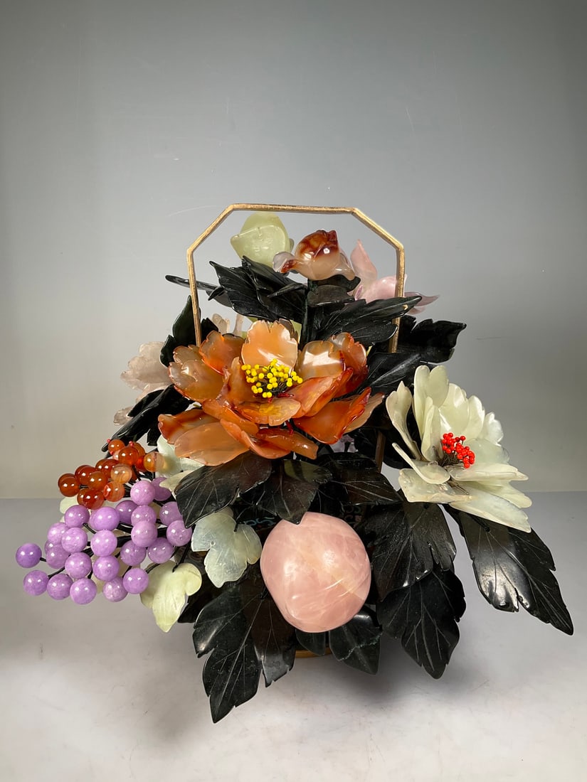 A cloisonn é jade bonsai flower and fruit basket from the period of foreign exchange generation: Cloisonné jade bonsai flower and fruit basket during the foreign exchange period Size:H:30cm W:30cm (The Dimensions Of All Batches Are Manually Measured.If You Need More Detailed Information, Please