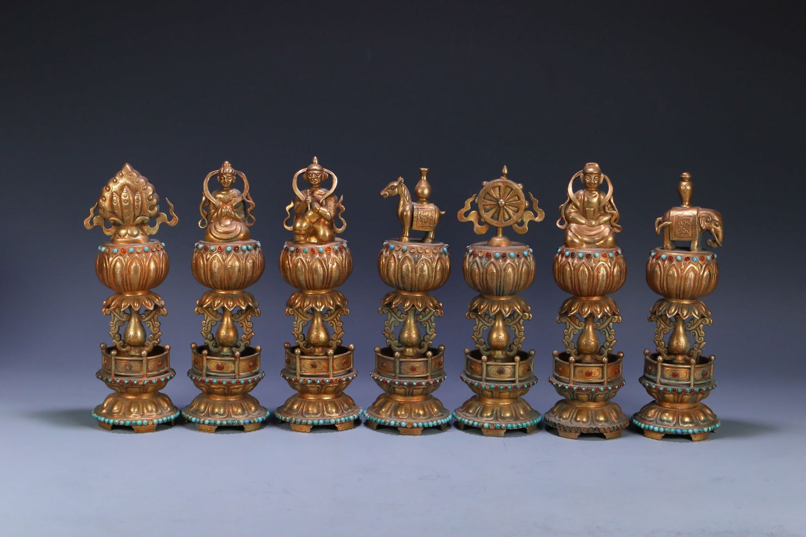 A set of Qing Dynasty copper gilt inlaid treasure seven treasures (1 of 9)