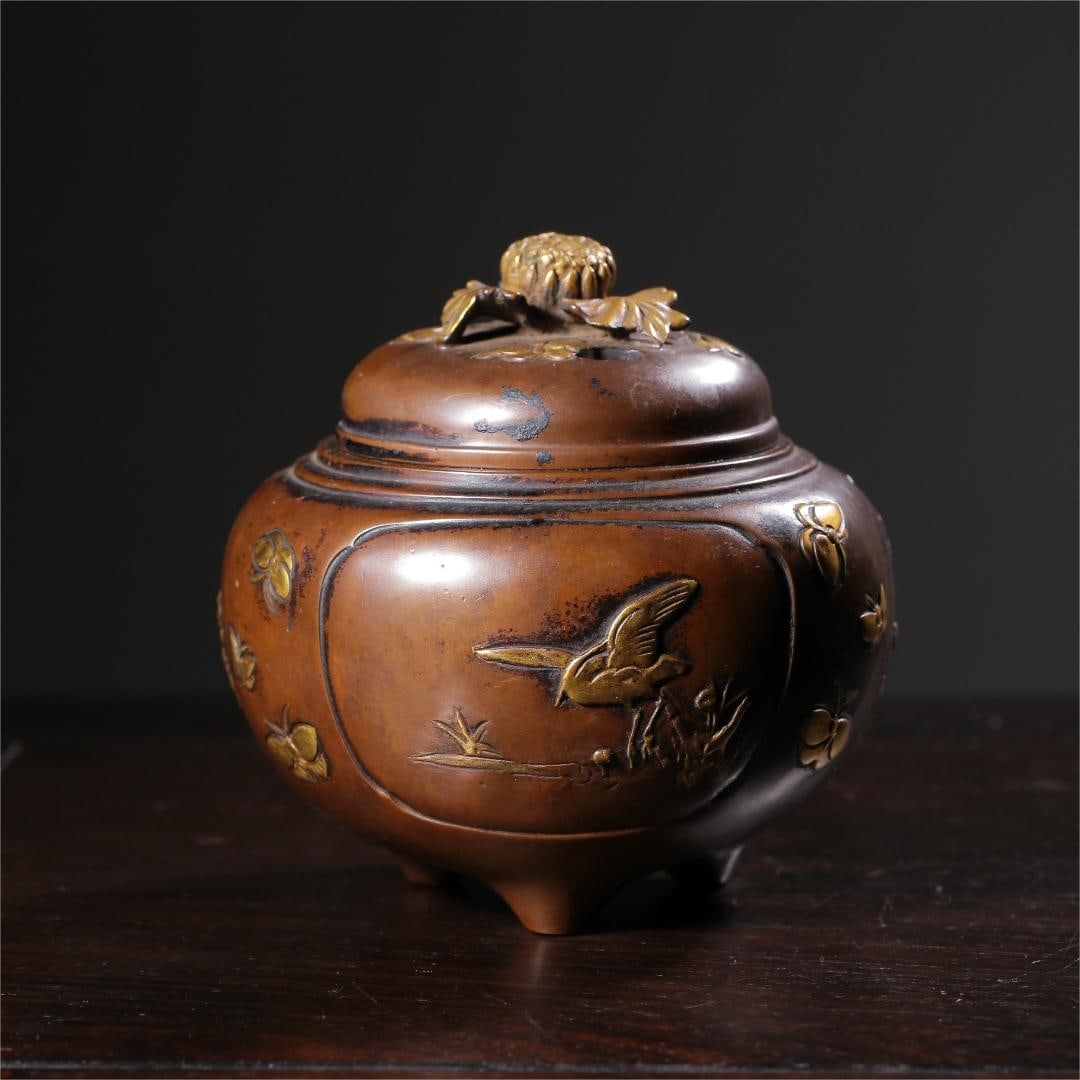 A fine copper partially gilt windowed floral incense burner (1 of 9)