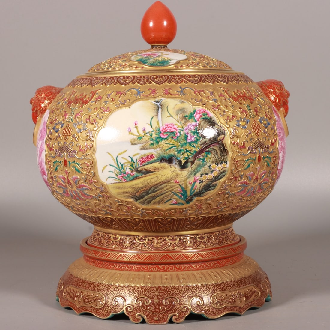 A Qing Dynasty Qianlong year enamel carved entwined lotus window flower bird lion ear jar (1 of 9)