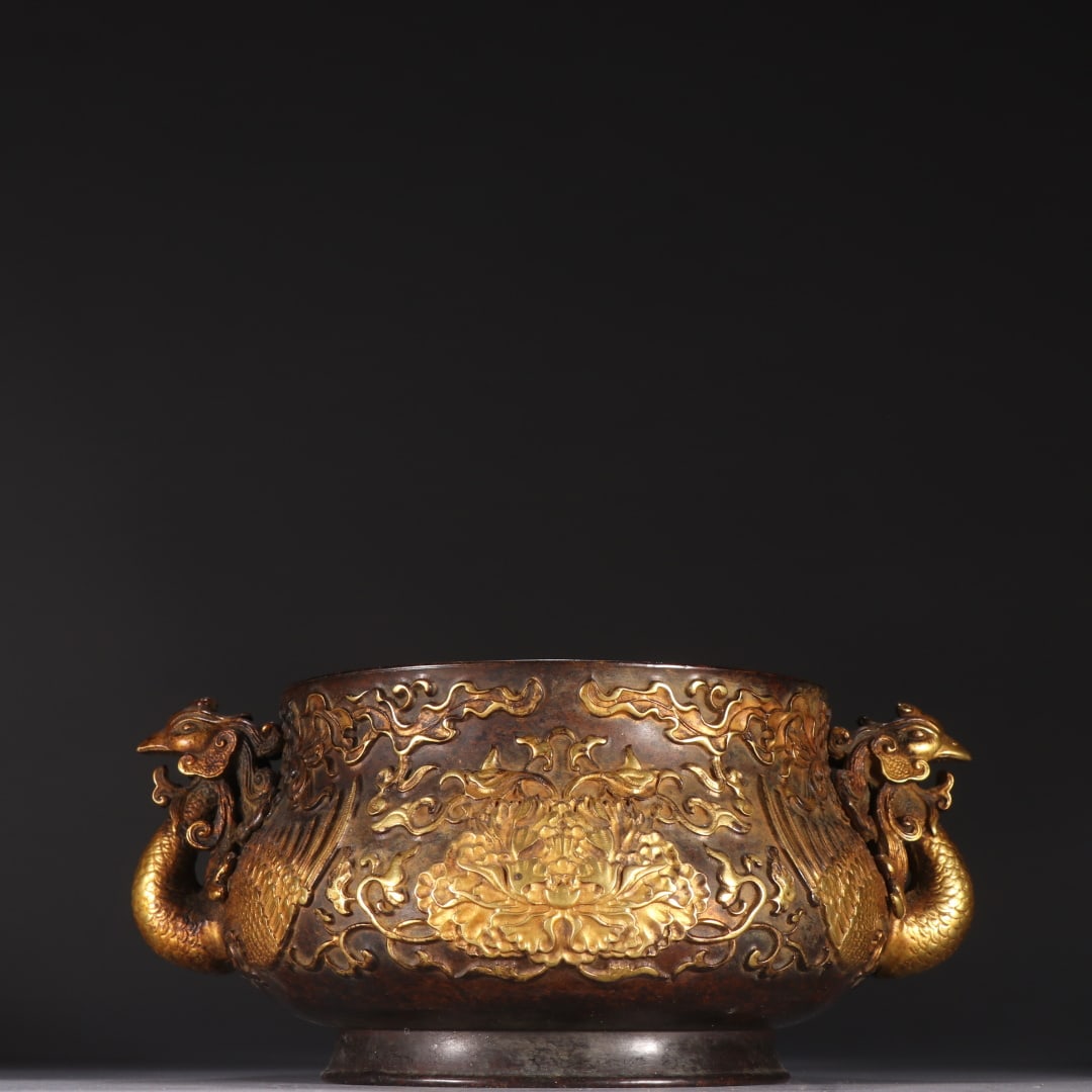 A copper-gilt double phoenix ear incense burner of the Ming Dynasty (1 of 9)
