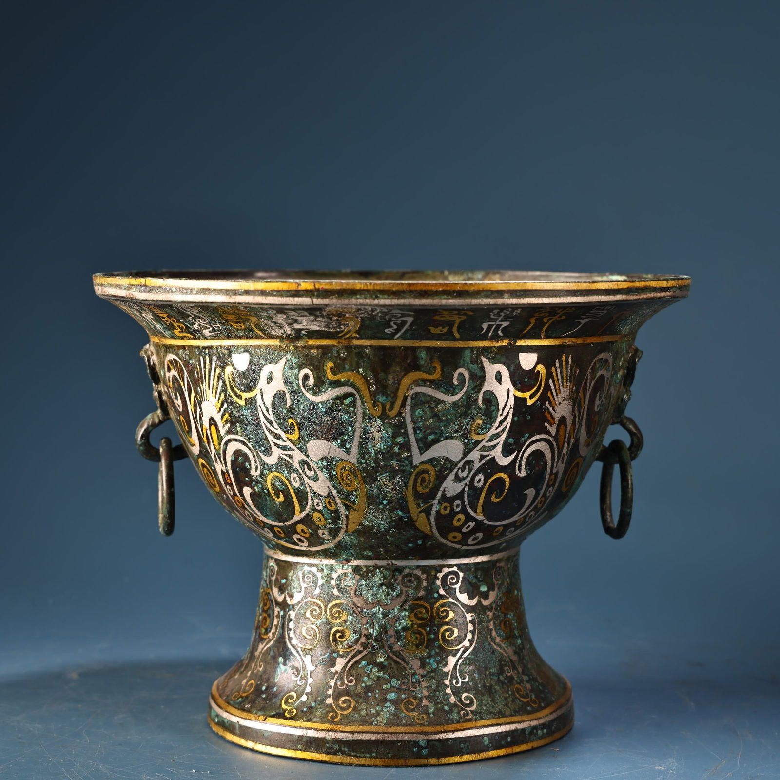 A fine bronze bronze large bowl with gold and silver belt inscriptions (1 of 12)