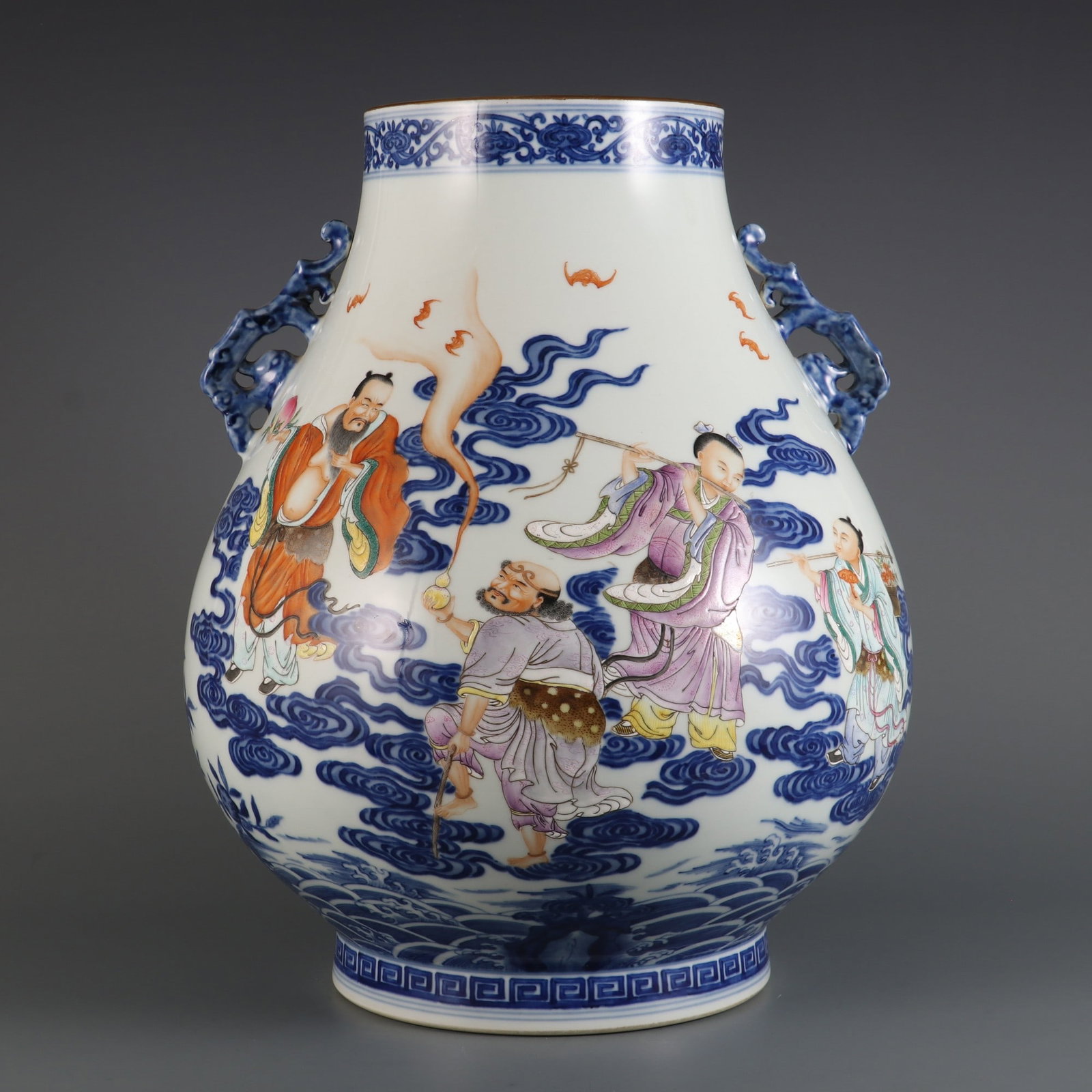 An Exquisite Famille-Rose Blue and White Character and Story Pattern Bats and Peach Pattern: An Exquisite Famille-Rose Blue and White Character and Story Pattern Bats and Peach Pattern Double-Ears Vase Qing Dynasty, China Qianlong Six-character Mark Size:37cmx29cm (The Dimensions Of All