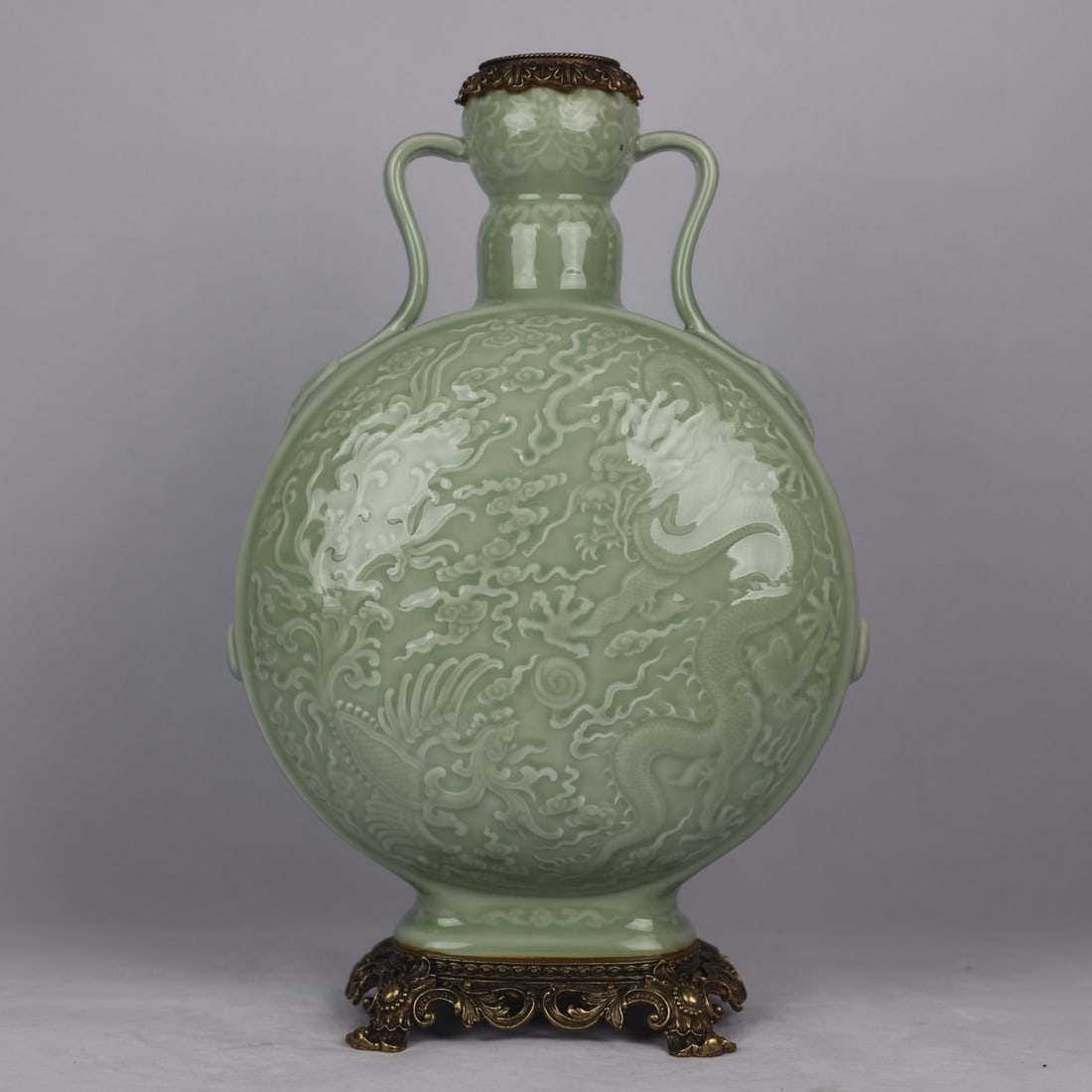 An Exquisite Celadon Glazed Inlaid Bronze Dragon and Phoenix Pattern Double-Ears Vase (1 of 9)
