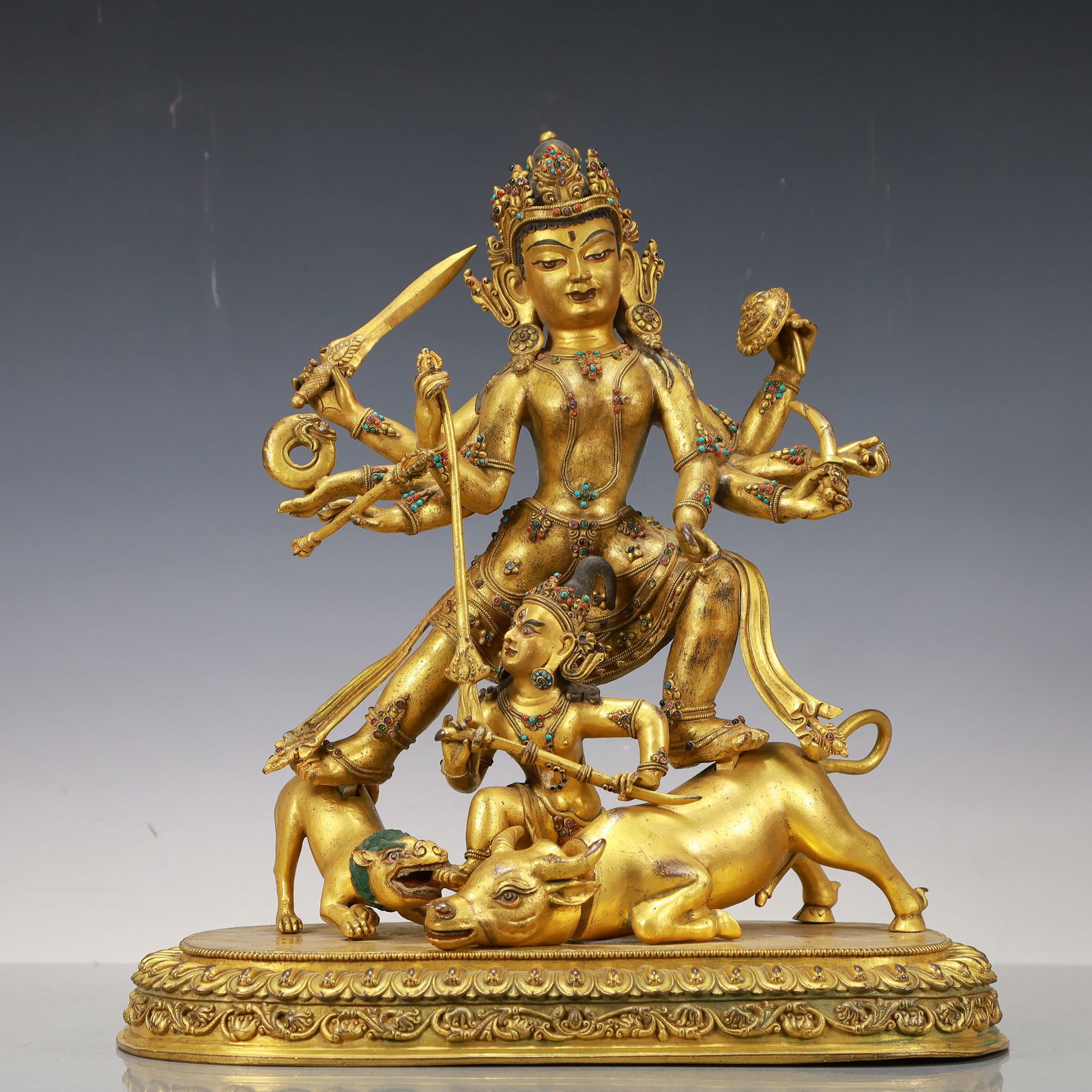 A Exquisite Gilt Bronze Inlaid Gems Six-arms Buddha statue (1 of 10)