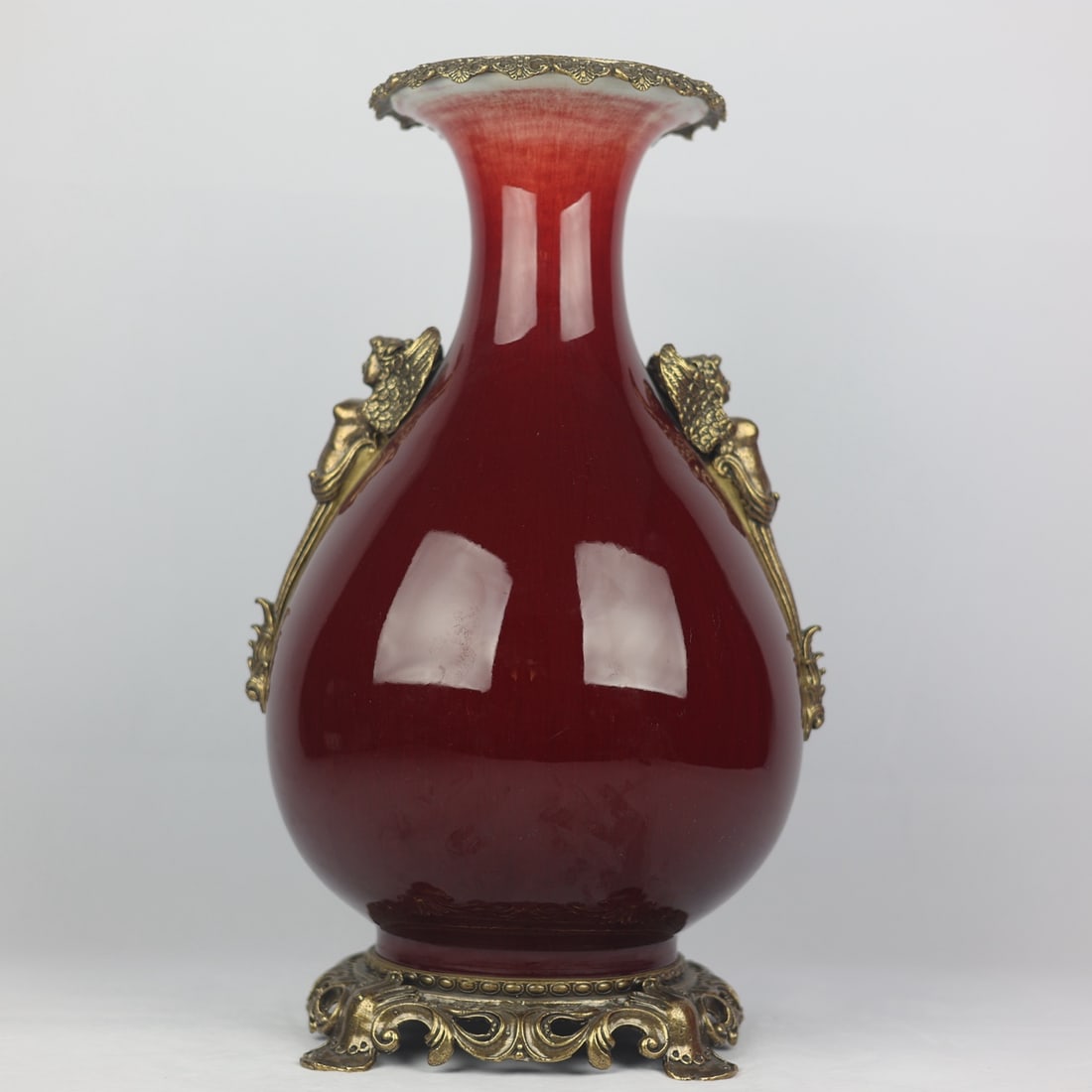 An Exquisite Lang Red Glazed Inlaid Bronze Double-Ears Vase: An Exquisite Lang Red Glazed Inlaid Bronze Double-Ears Vase Qing Dynasty, China Qianlong Six-character Mark Size:47cmx25cm (The Dimensions Of All Batches Are Manually Measured.If You Need More Detaile