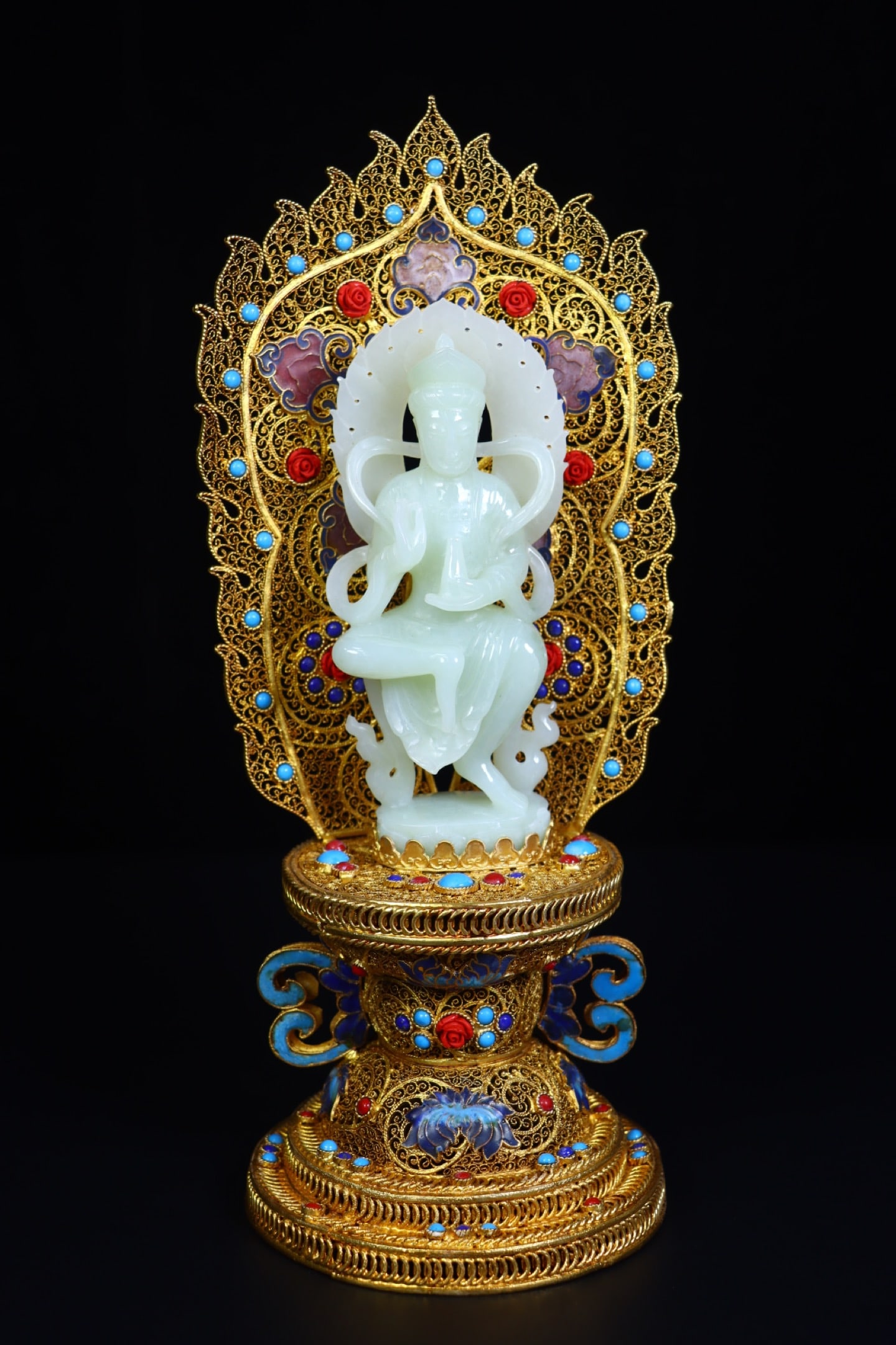 An Exquisite White Jade Inlaid Gems Statue of Avalokitesvara (1 of 10)