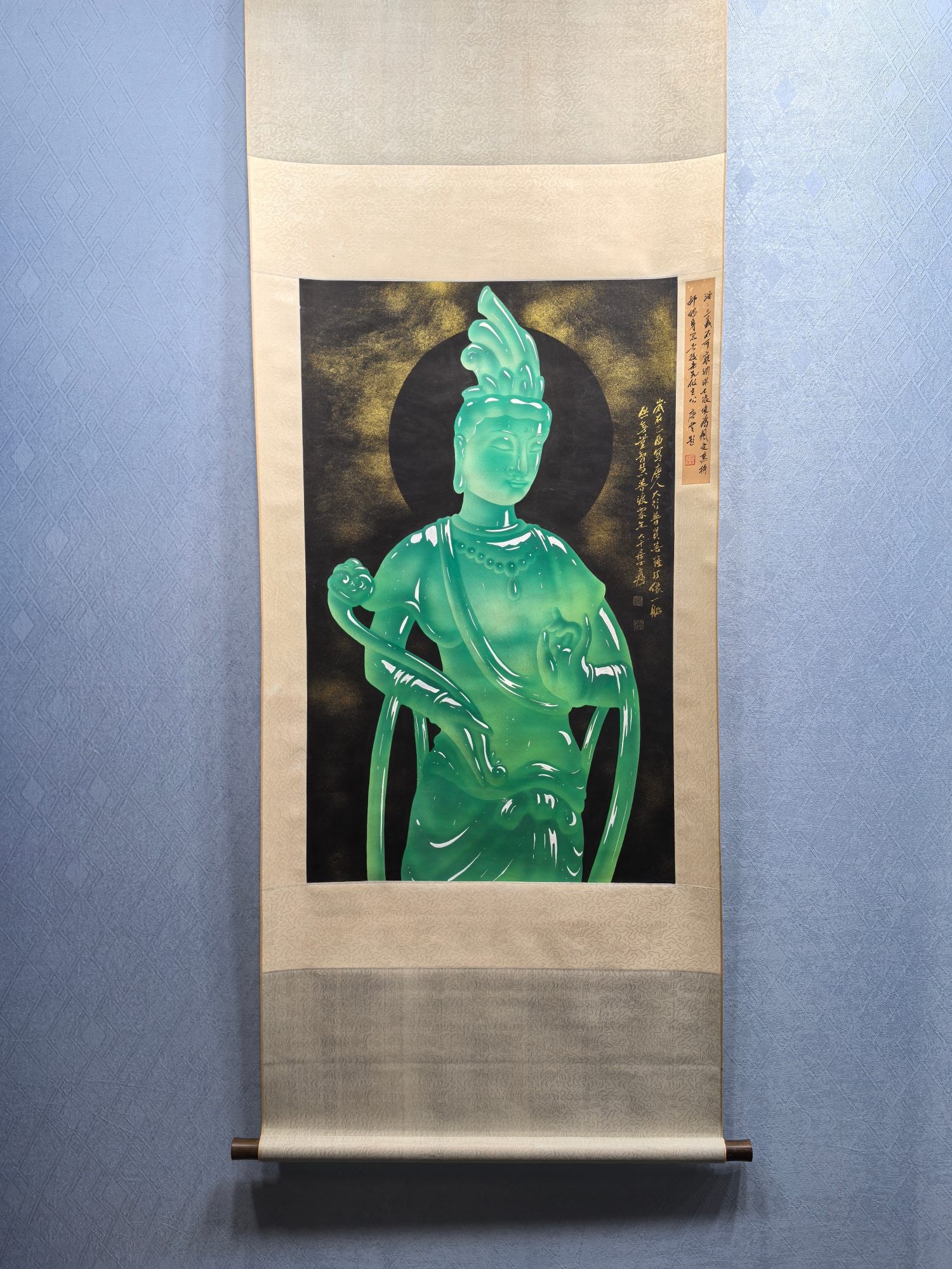A Chinese Vertical Scroll Ink Painting of Statue of Avalokitesvara on Paper: A Chinese Vertical Scroll Ink Painting of Statue of Avalokitesvara on Paper Zhang da qian Size:59.2cmx95.8cm (The Dimensions Of All Batches Are Manually Measured.If You Need More Detailed Information,
