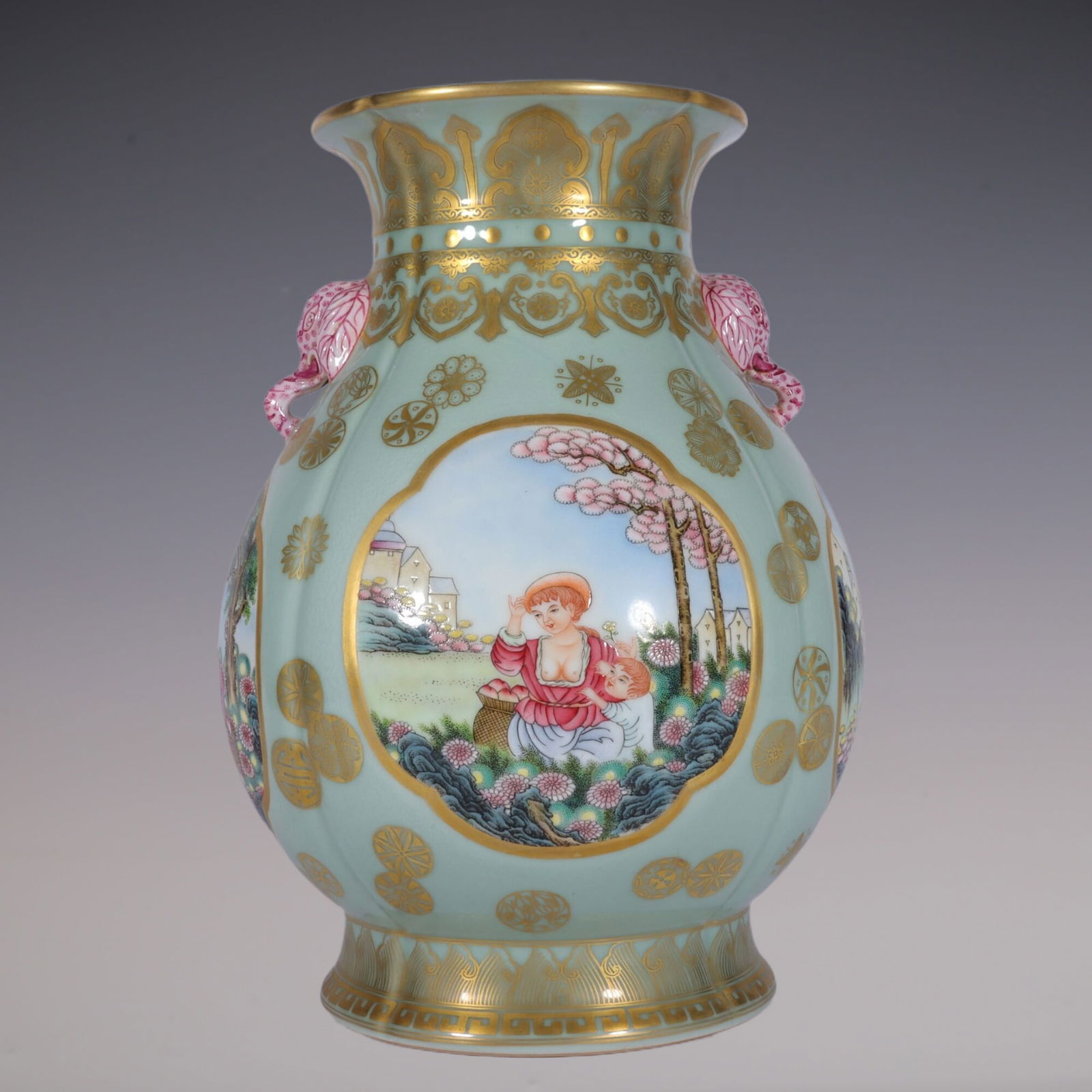 An Exquisite Enamel Celadon Glazed Painted Gold Character and Story Pattern Double-Ears Vase (1 of 8)