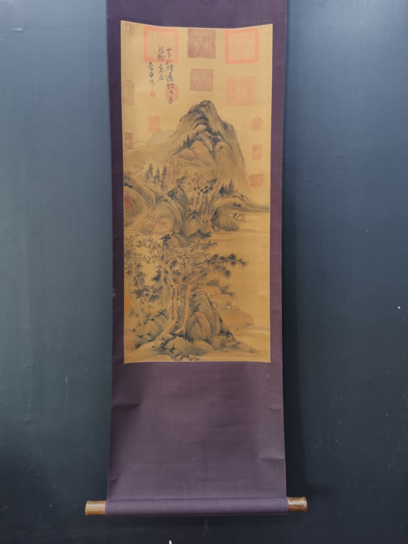 A Chinese Vertical Scroll Ink Painting of Landscape on Silk (1 of 9)