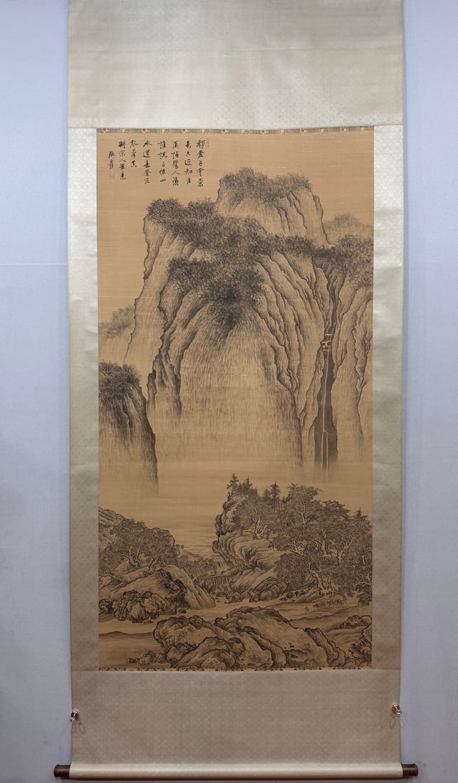A Chinese Vertical Scroll Ink Painting of Landscape on Silk (1 of 10)