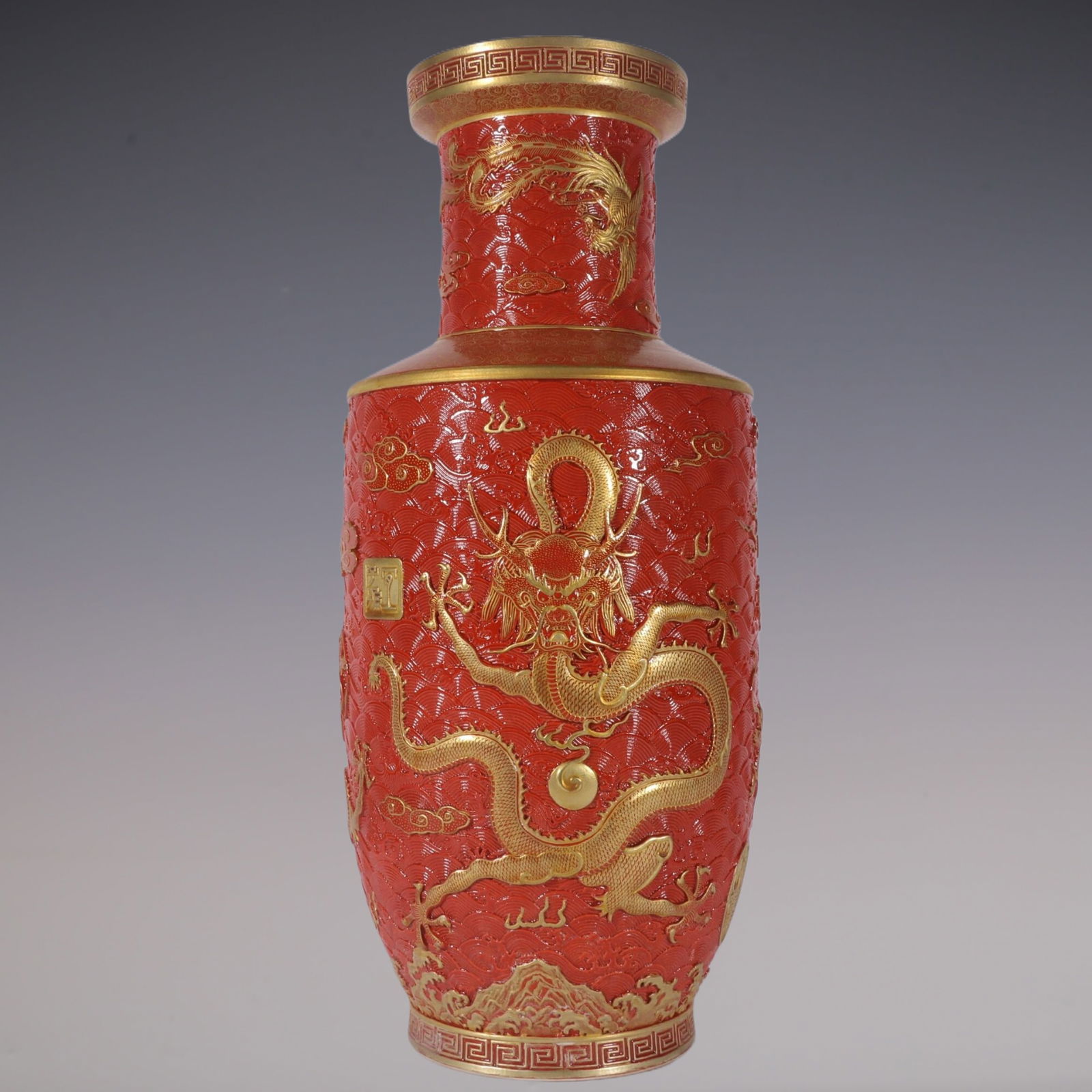 An Exquisite Iron-Red Painted Gold Dragon and Phoenix Pattern Seawater Pattern Vase (1 of 9)