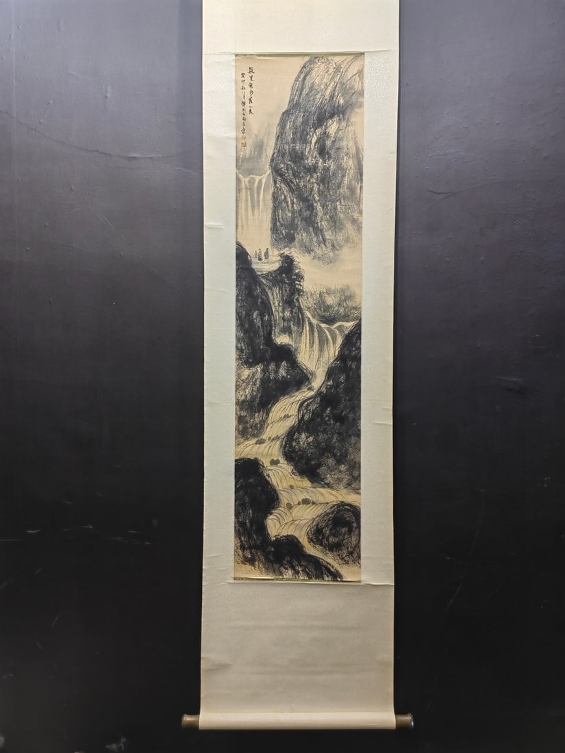 A Chinese Vertical Scroll Ink Painting of Landscape on Paper (1 of 9)