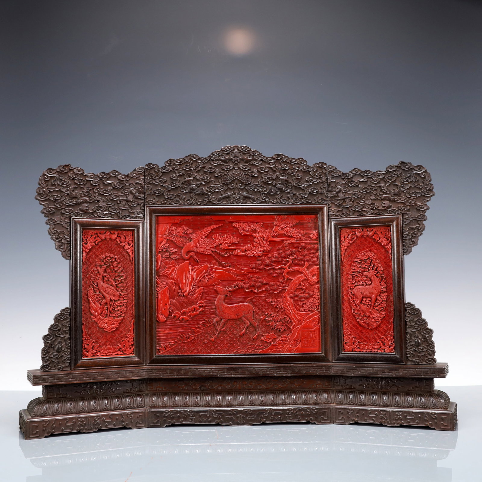 A Exquisite Zitanwood Inlaid Carved Red Lacquer Pine and Crane Pattern Sika Deer Pattern Screen (1 of 16)