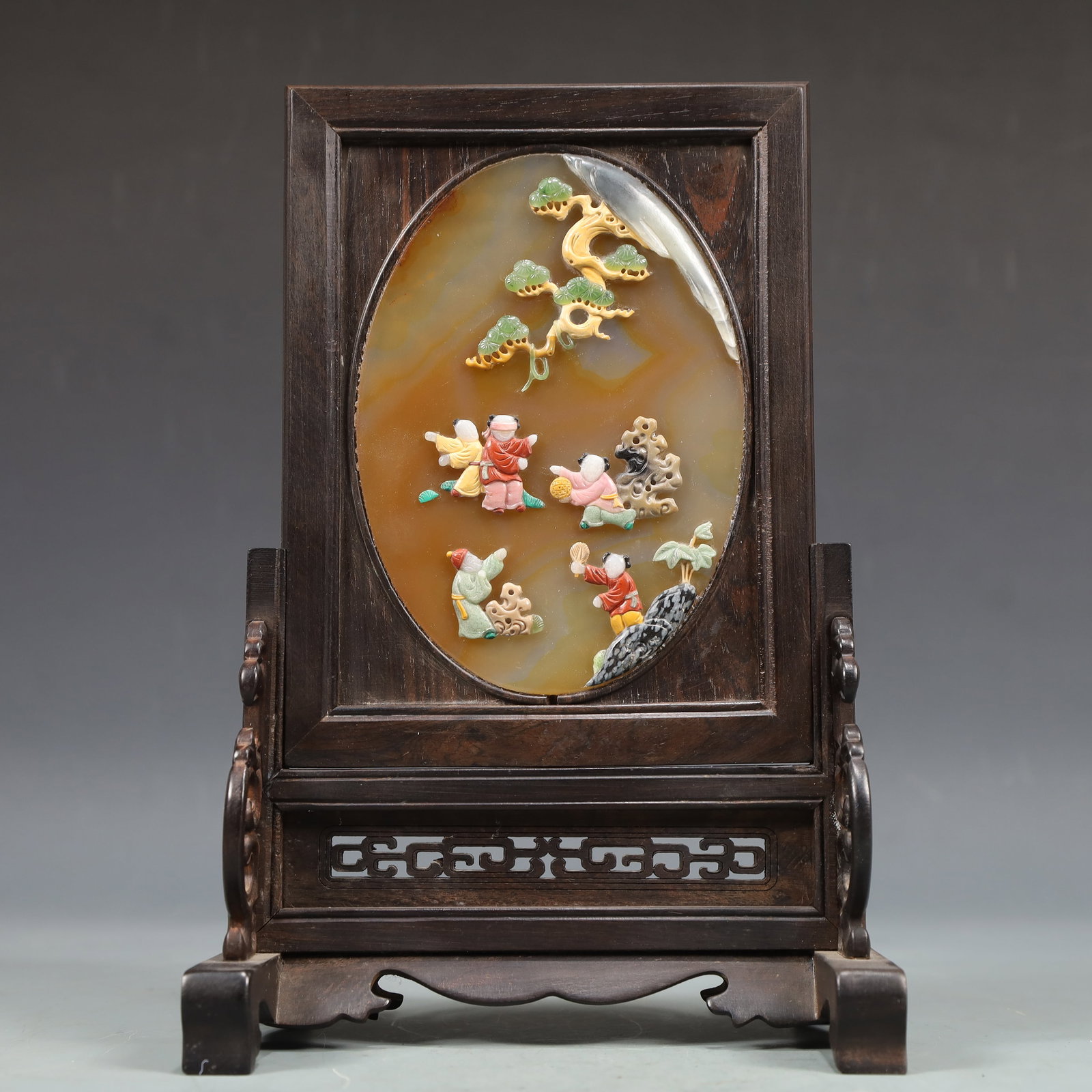 A Exquisite Zitanwood Inlaid Agate Character and Story Pattern Screen (1 of 7)