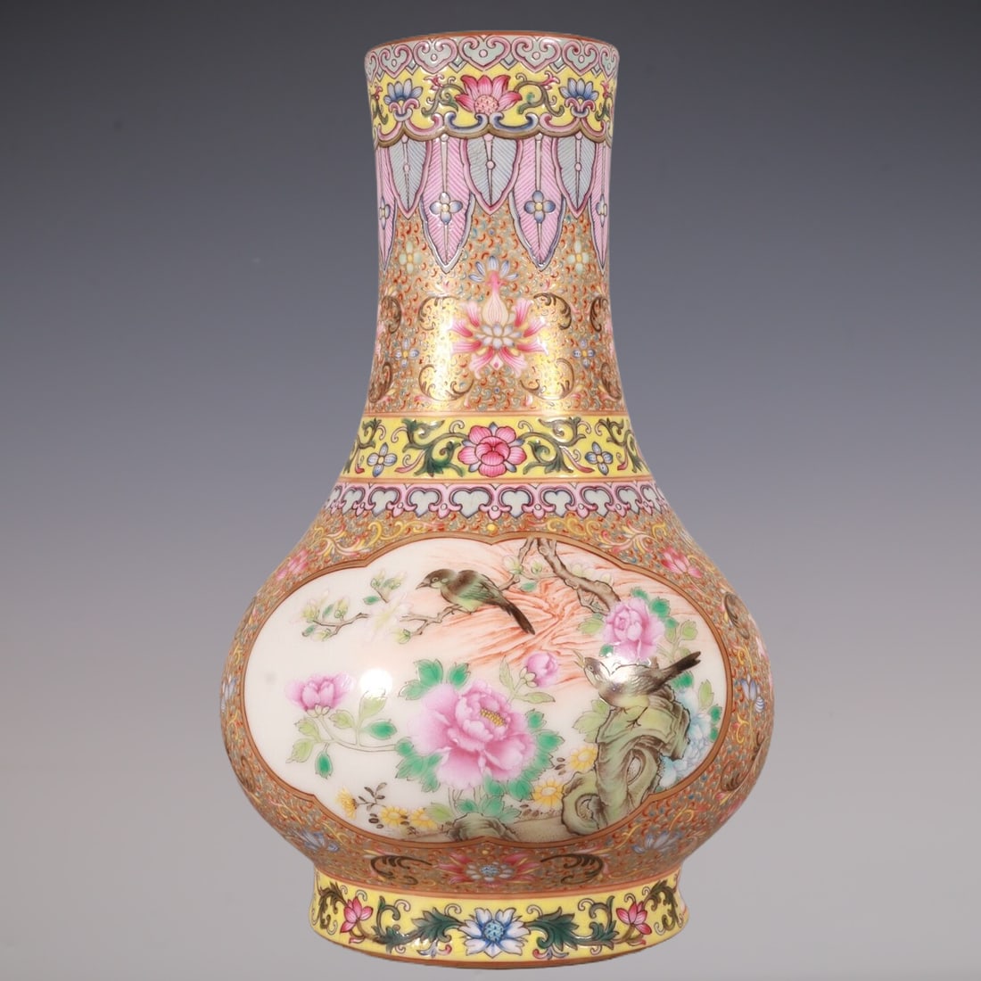 An Exquisite Enamel Lotus Pattern Flower and Bird Pattern Vase (1 of 8)