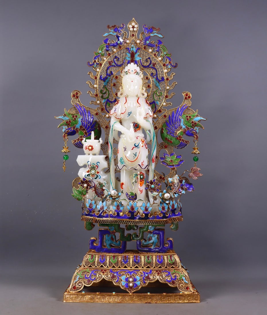 An Exquisite Gilt Bronze Inlaid White Jade Statue of Avalokitesvara (1 of 9)