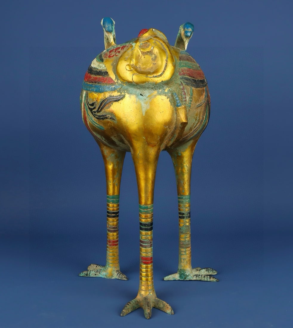 An Exquisite Gilt Bronze Painted Color Tripod Crane-Shaped Censer (1 of 9)