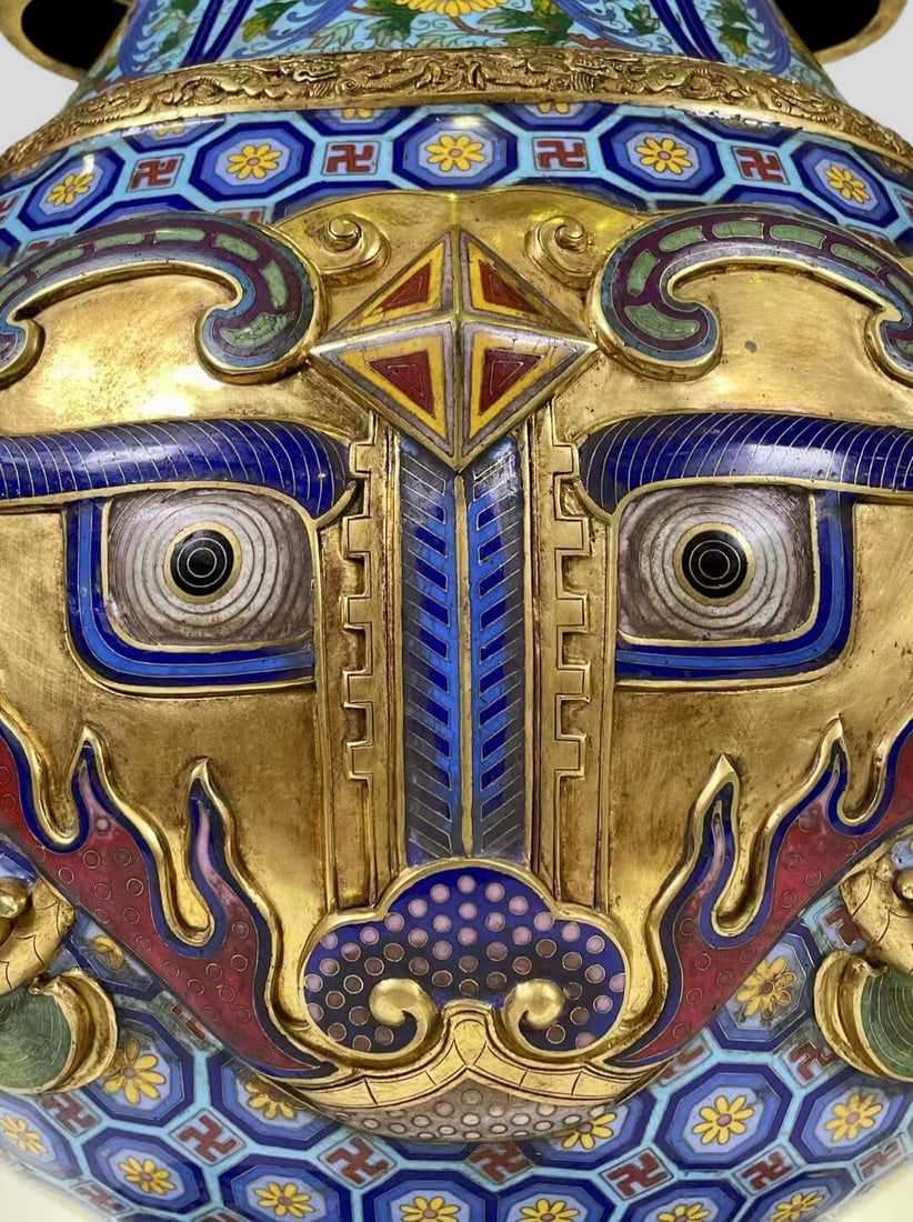 A Exquisite Cloisonne Beast-Face Pattern Double-Ears Vase - 7
