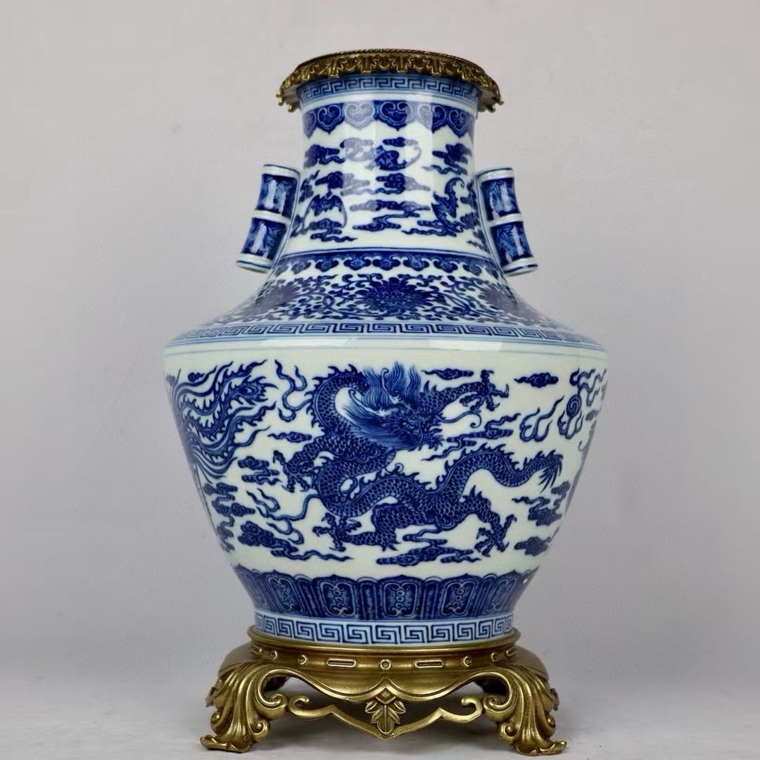 An Exquisite Blue and White Inlaid Bronze Dragon and Phoenix Pattern Lotus Pattern Double-Ears Vase (1 of 9)