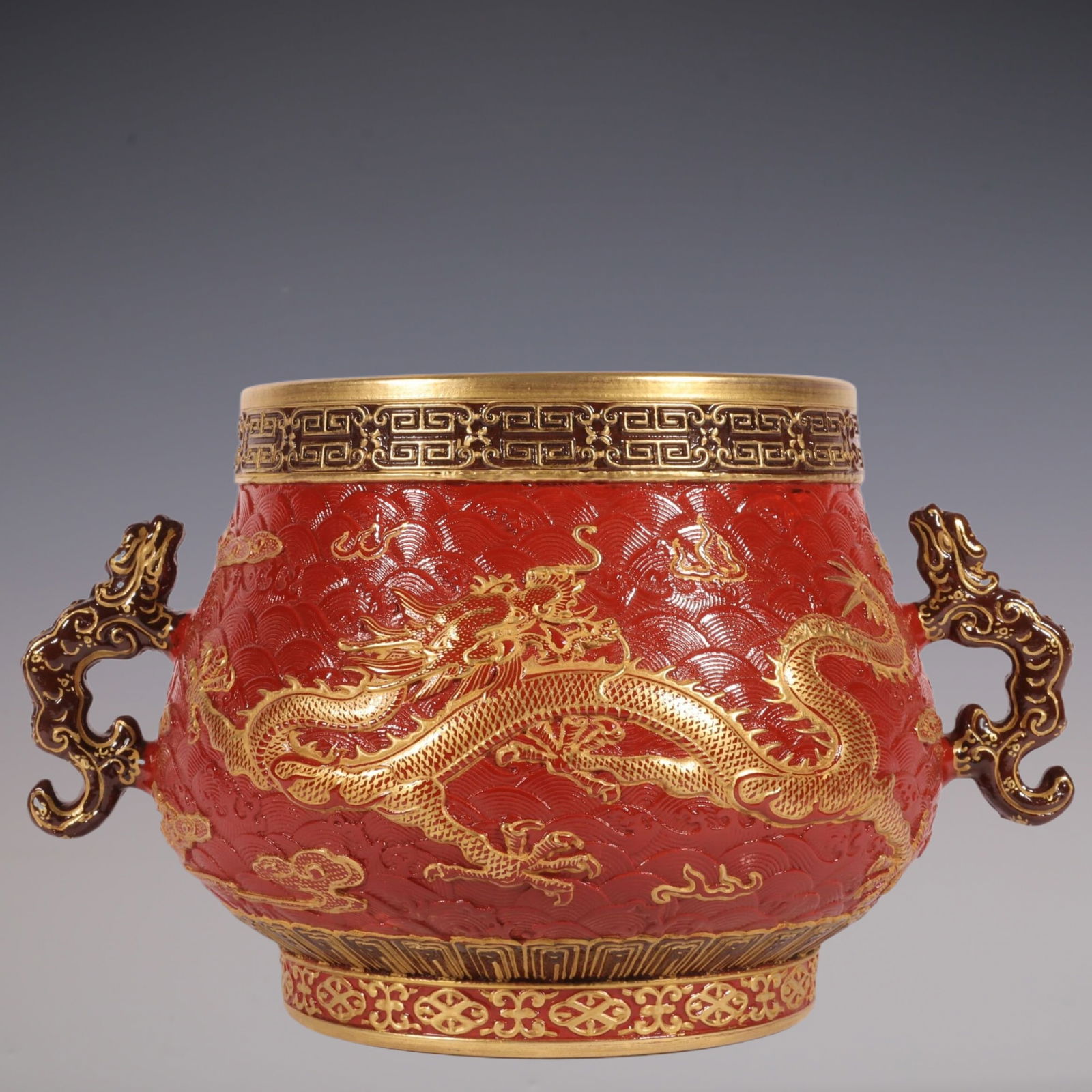 An Exquisite Iron-Red Painted Gold Dragon Pattern Seawater Pattern Double-Ears Censer (1 of 8)