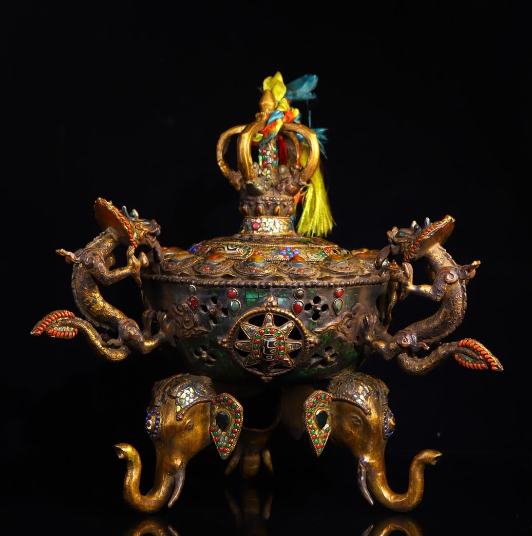 An Exquisite Bronze Inlaid Gems Double-Ears and Tripod Censer (1 of 9)