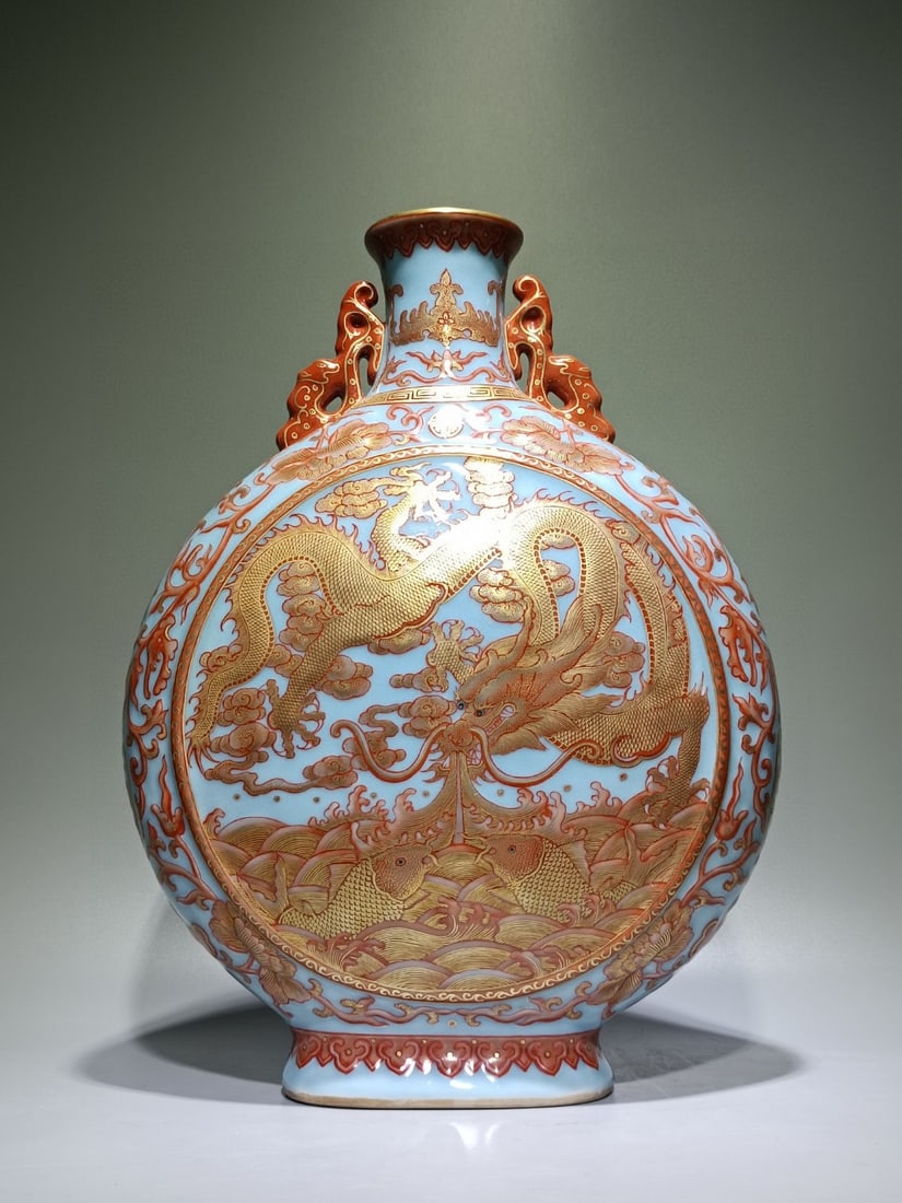 An Exquisite Sky Blue Glazed Iron-Red Painted Gold Dragon Pattern Seawater Pattern Lotus Pattern (1 of 9)
