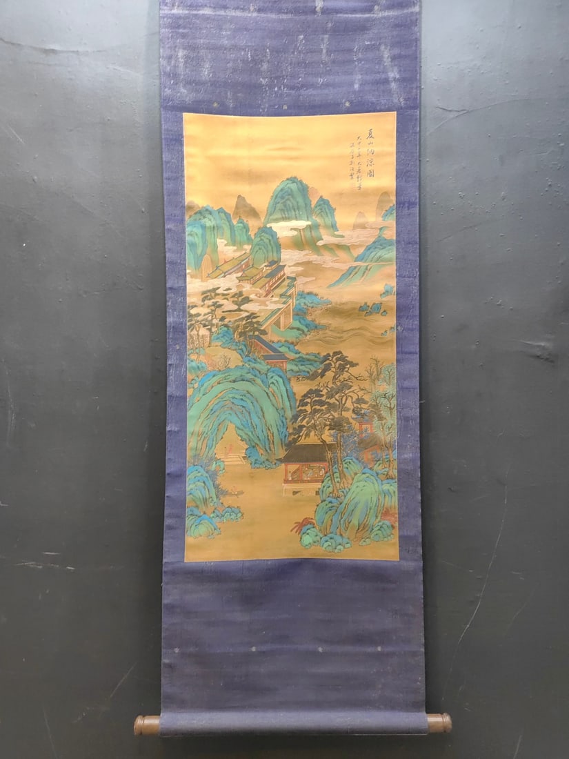 A Chinese Vertical Scroll Ink Painting of Landscape on Silk: A Chinese Vertical Scroll Ink Painting of Landscape on Silk Jin hao Size:43.2cmx91cm (The Dimensions Of All Batches Are Manually Measured.If You Need More Detailed Information, Please Contact Our Cust