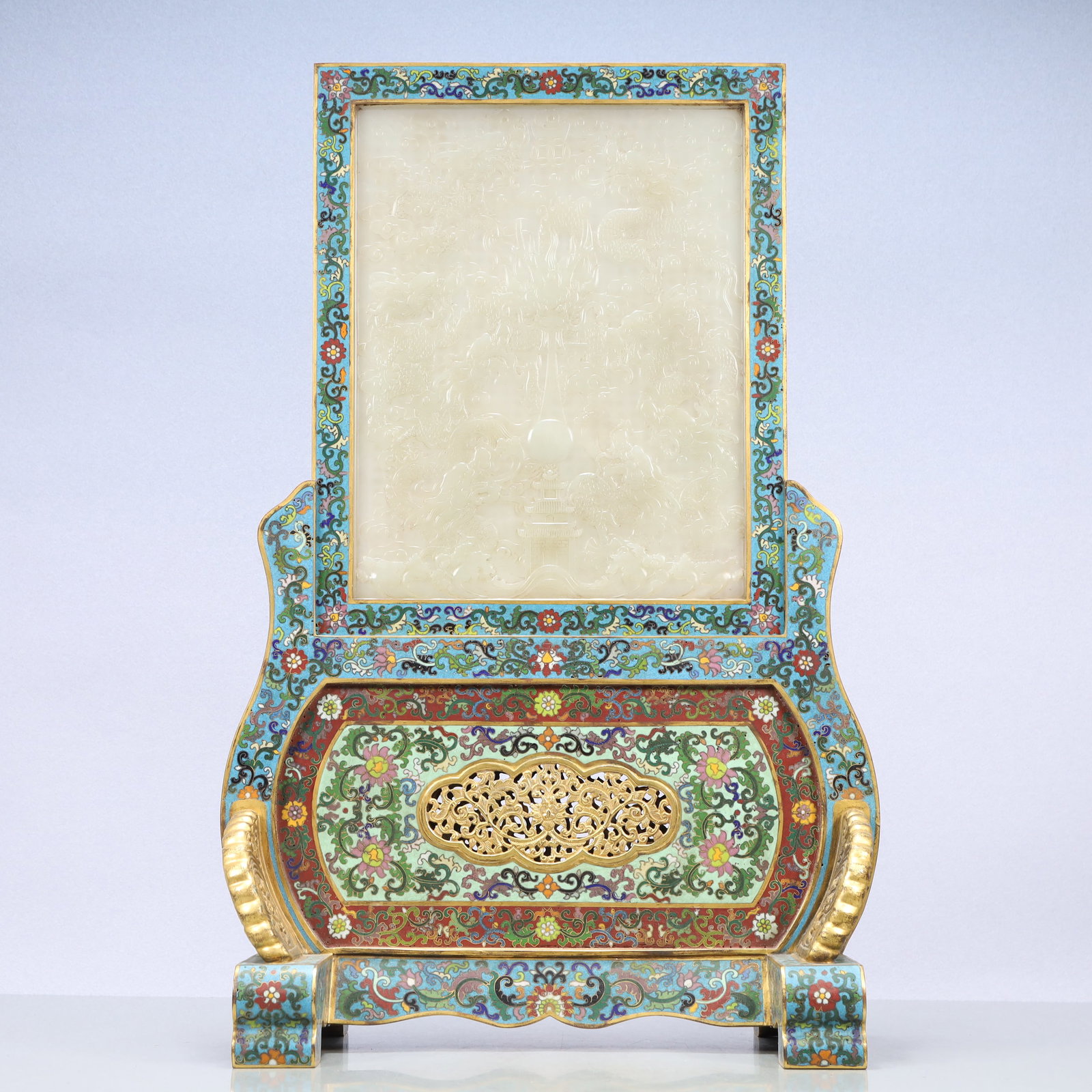 A Exquisite Cloisonne Inlaid White Jade Dragon Pattern Lotus Pattern with poem Screen (1 of 16)