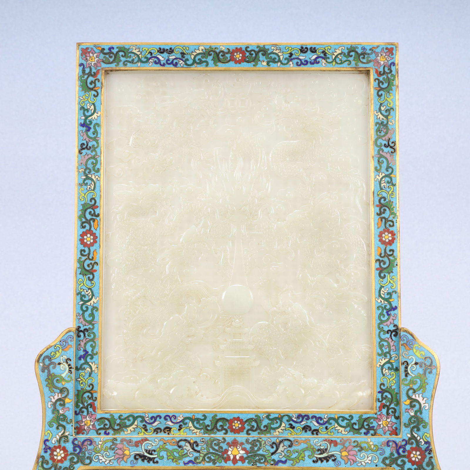 A Exquisite Cloisonne Inlaid White Jade Dragon Pattern Lotus Pattern with poem Screen - 2