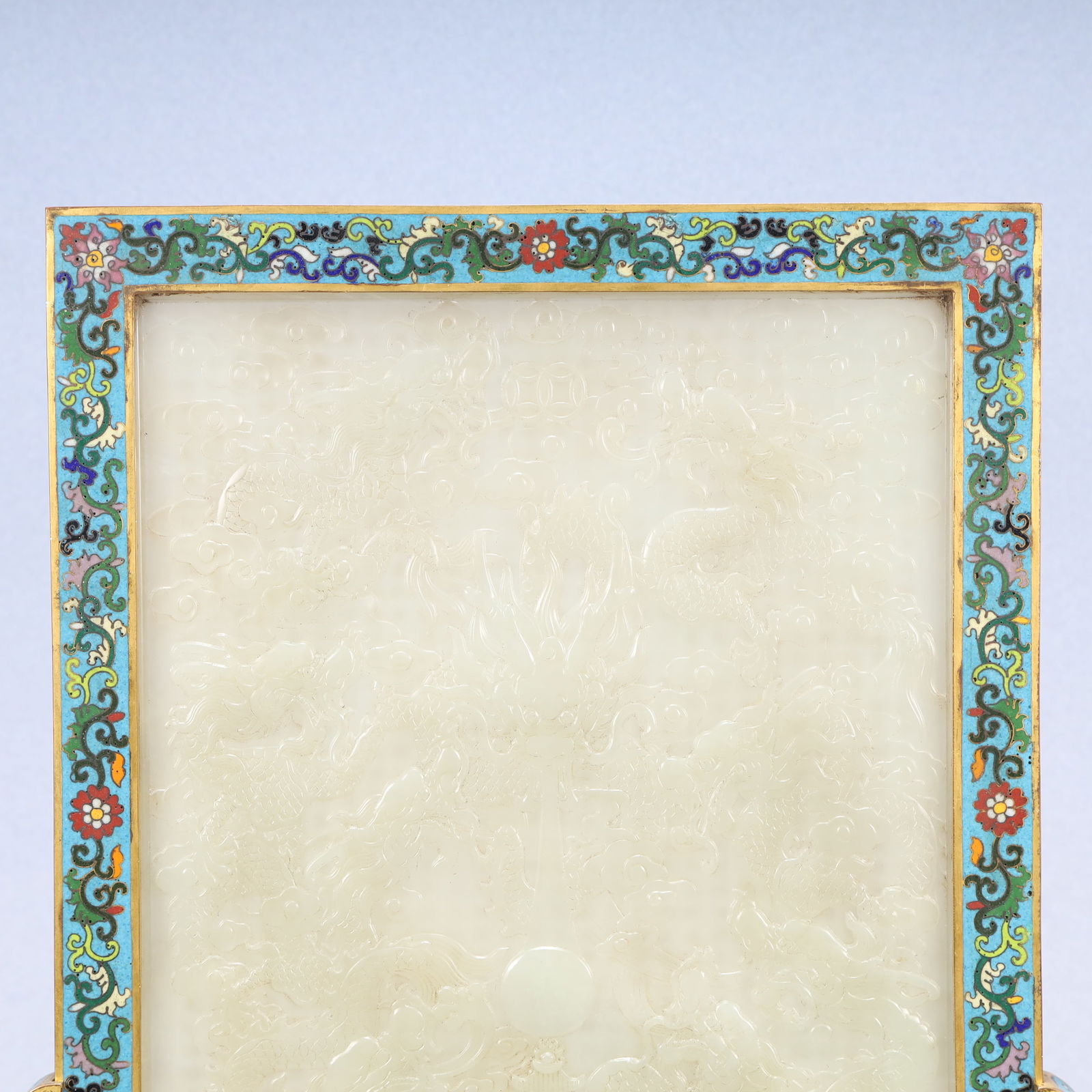 A Exquisite Cloisonne Inlaid White Jade Dragon Pattern Lotus Pattern with poem Screen - 3