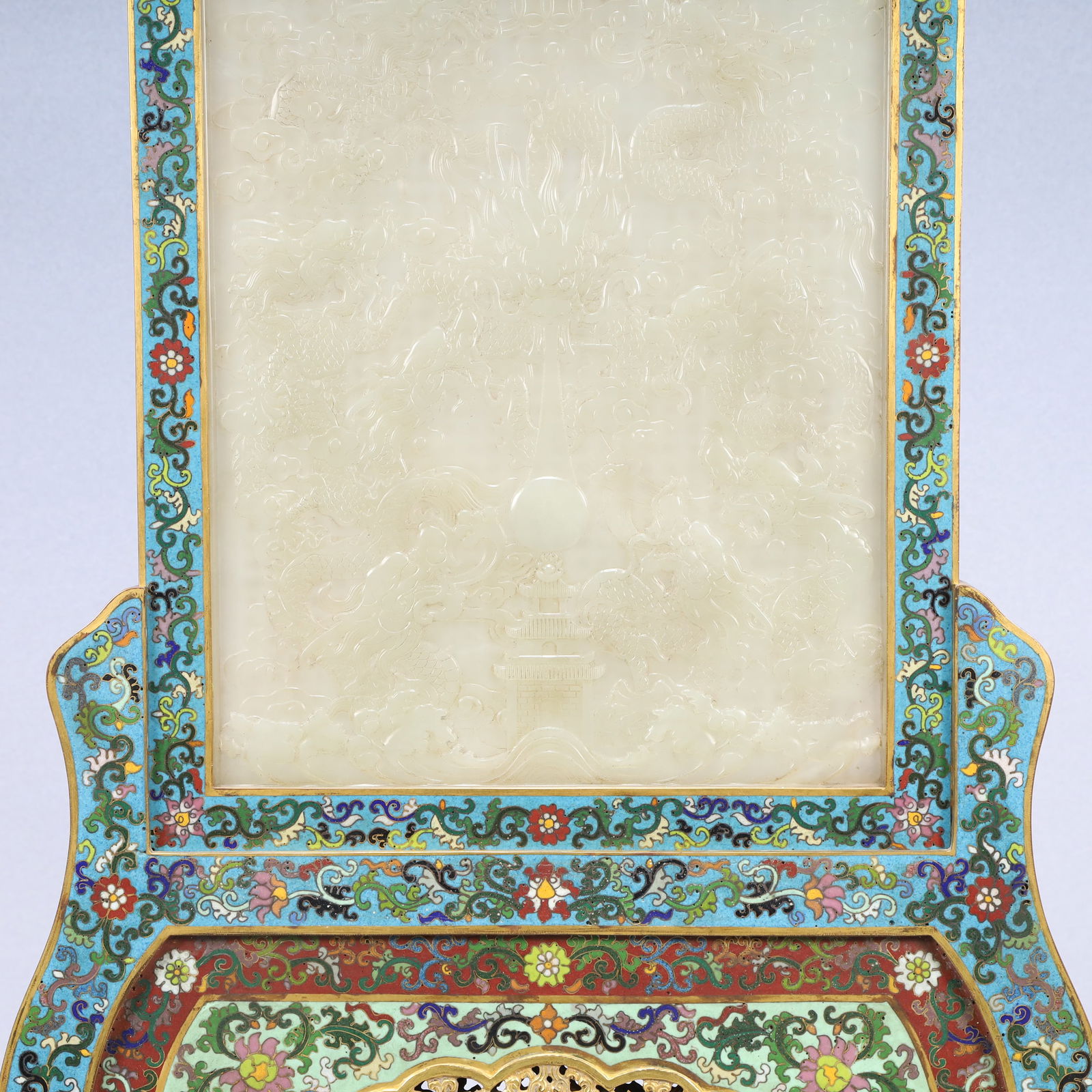 A Exquisite Cloisonne Inlaid White Jade Dragon Pattern Lotus Pattern with poem Screen - 4