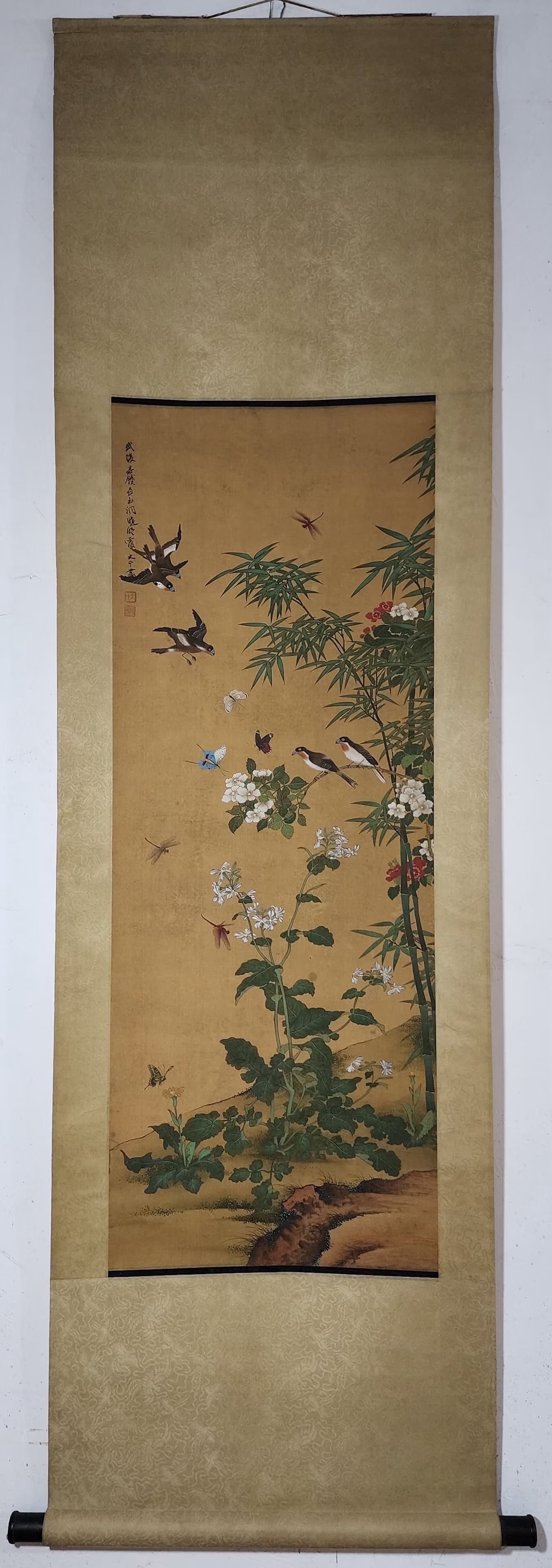 A Chinese Vertical Scroll Ink Painting of Flower and Bird on Silk (1 of 9)