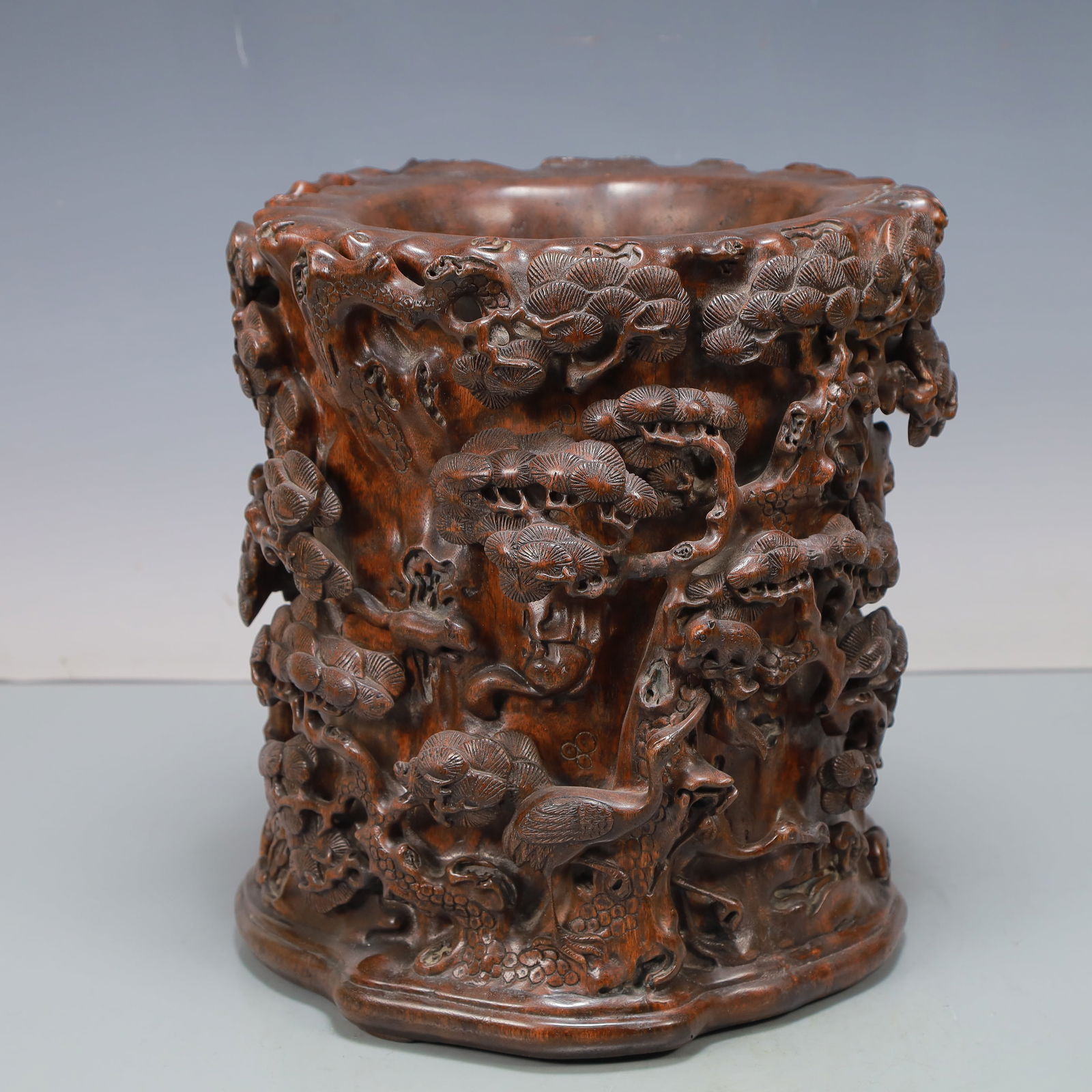 A Exquisite Zitanwood Pine and Crane Pattern Brush Pot (1 of 9)