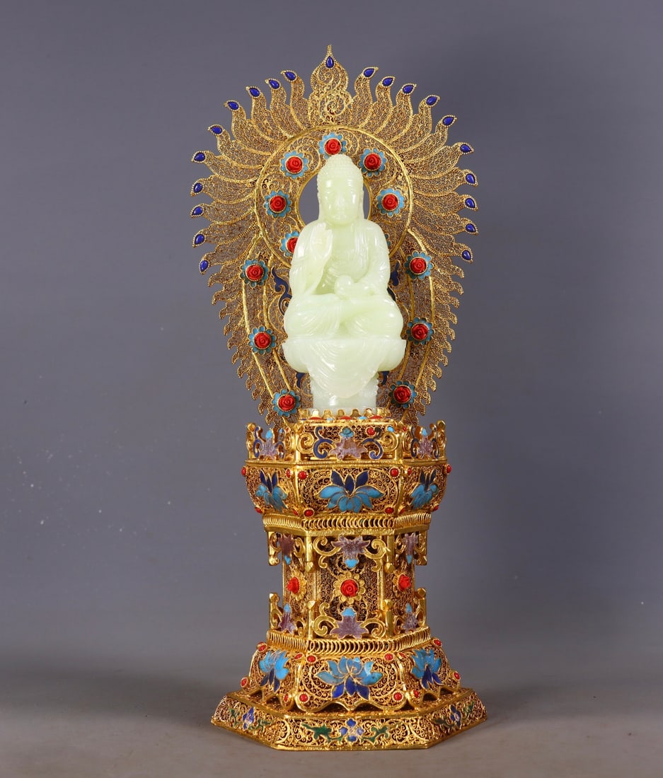 An Exquisite Gilt Bronze Inlaid White Jade Buddha Statue (1 of 9)