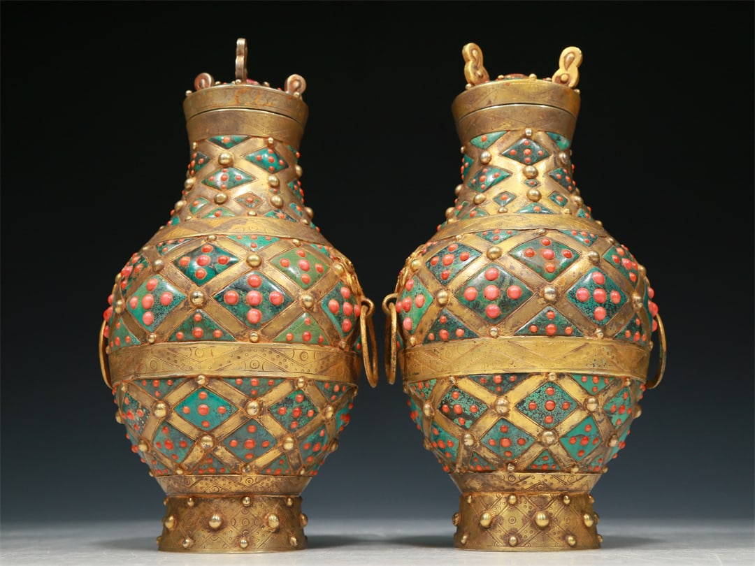 A Gorgeous Pair Of Gilt-Bronze Gem-Inlaid Beast-Handled Vases (1 of 8)