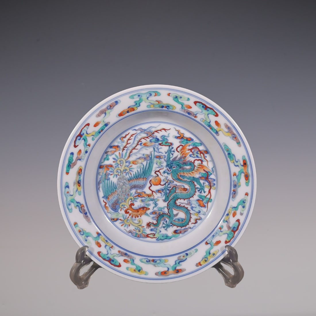 An Exquisite Doucai Blue and White Dragon and Phoenix Pattern Plate (1 of 6)