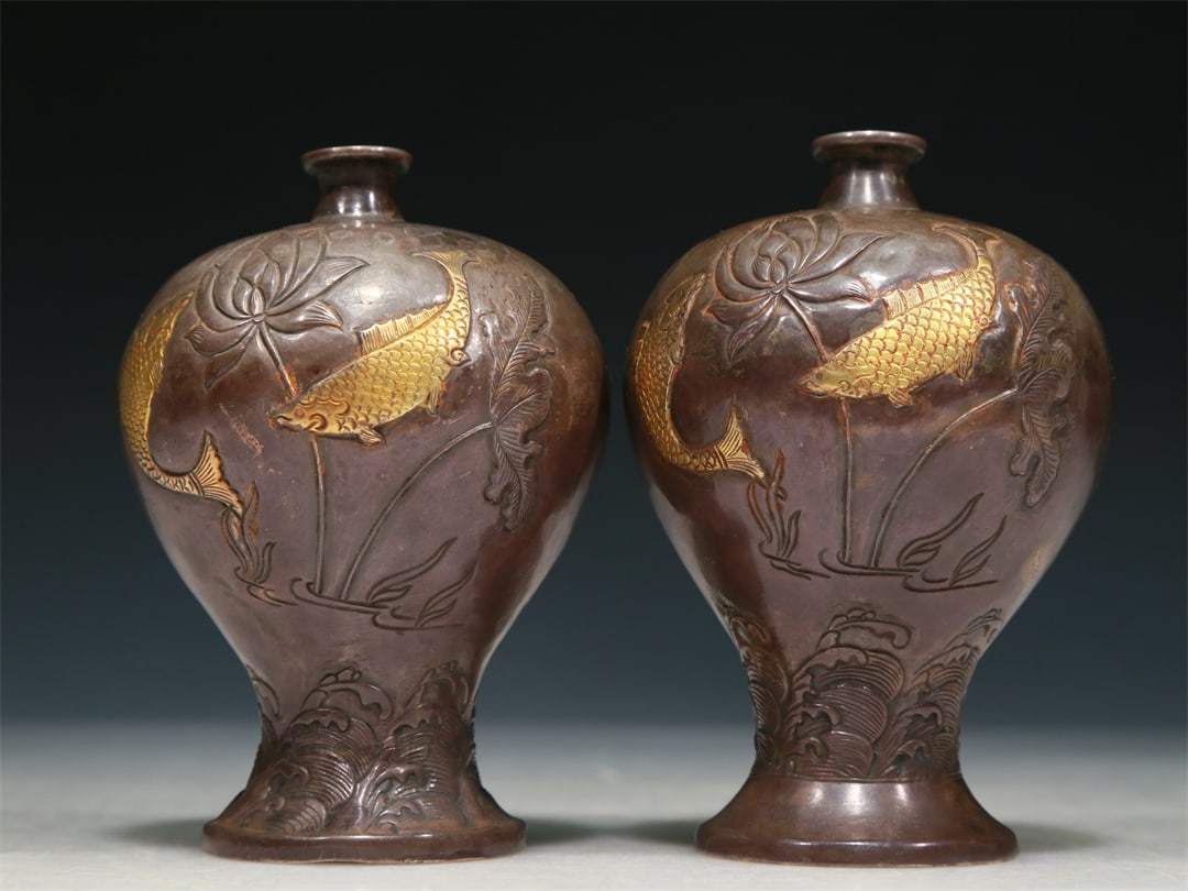 A Brilliant Pair Of Gilt-Bronze Silver 'Fish& Flower' Vases (1 of 6)