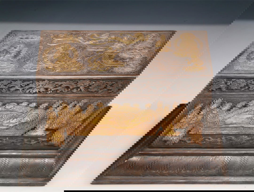 A Magnificent Gilt-Bronze Silver 'Buddha Shakyamuni' Buddhist Sutra Box With A Scroll Of Sutra (1 of 10)